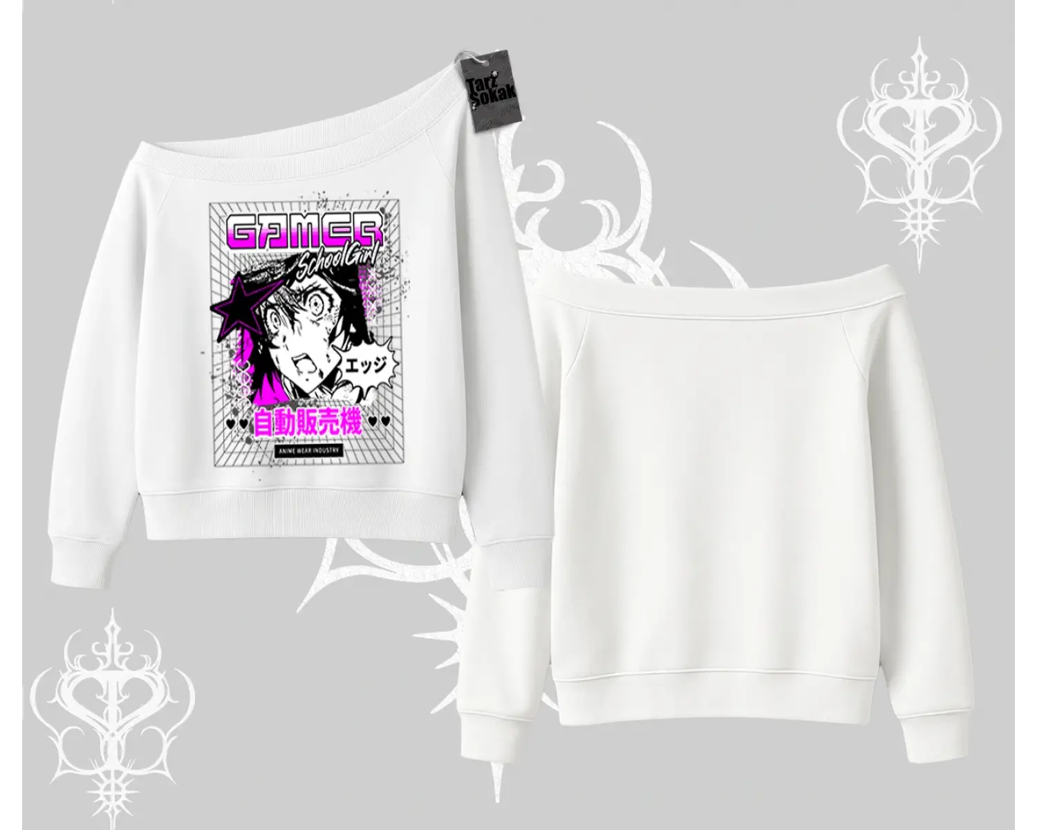 Kayık Yaka Sweatshirt Games Schoolgirl Anime Baskılı