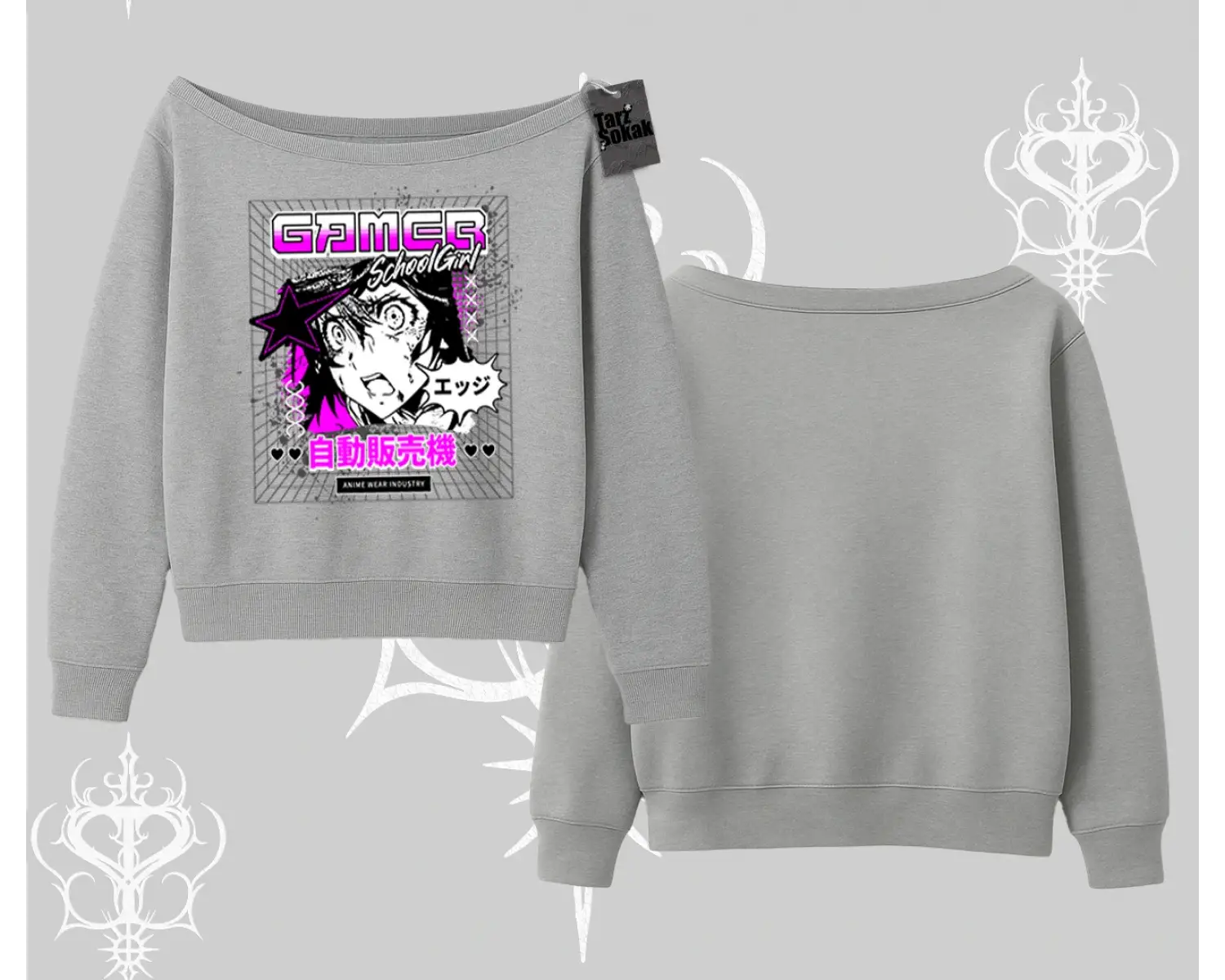 Kayık Yaka Sweatshirt Games Schoolgirl Anime Baskılı