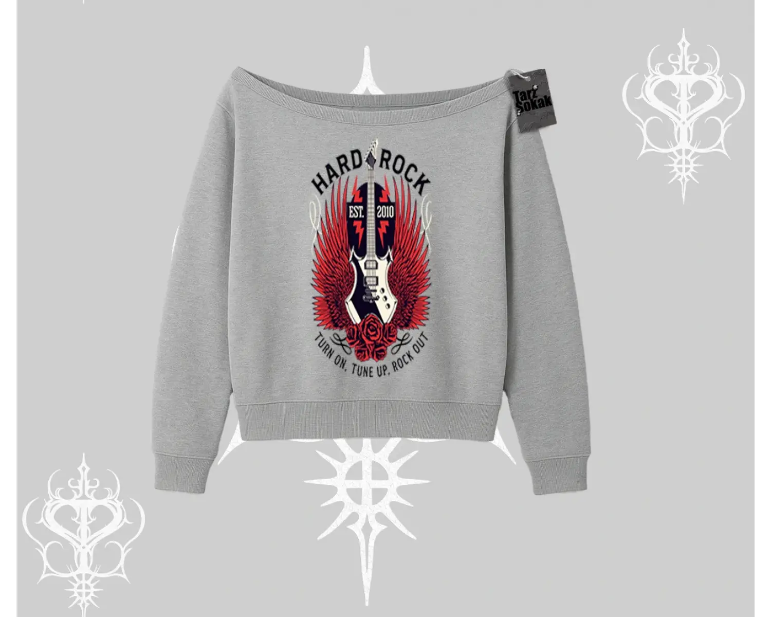 Kayık Yaka Sweatshirt Hard Rock Winged Guitar Rebellion