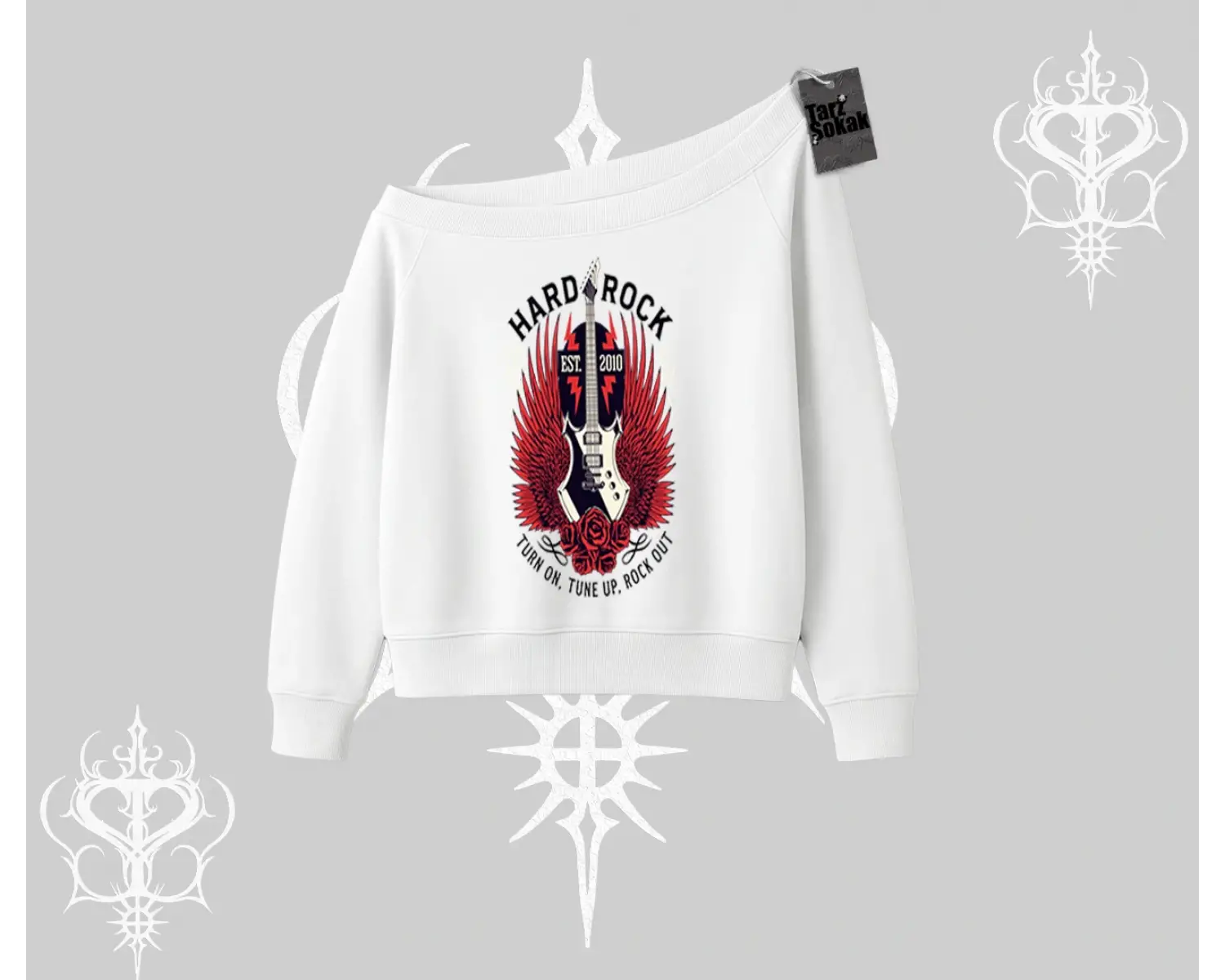 Kayık Yaka Sweatshirt Hard Rock Winged Guitar Rebellion