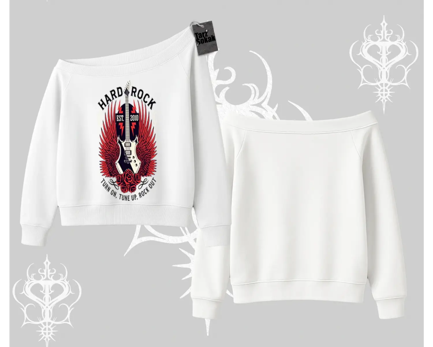Kayık Yaka Sweatshirt Hard Rock Winged Guitar Rebellion