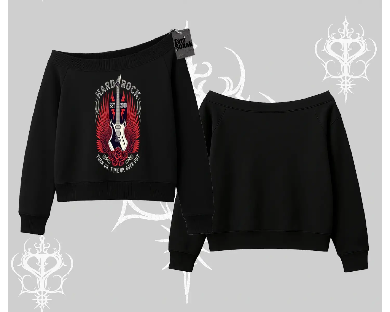 Kayık Yaka Sweatshirt Hard Rock Winged Guitar Rebellion