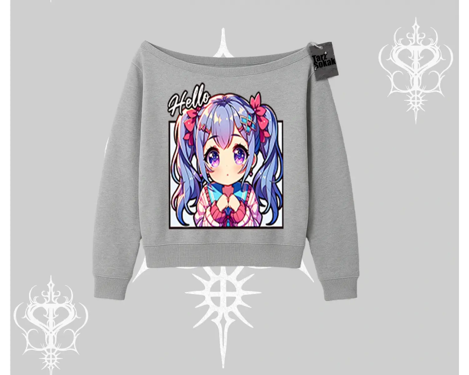Kayık Yaka Sweatshirt Hello Anime Kız Sevimli Karakter Baskılı