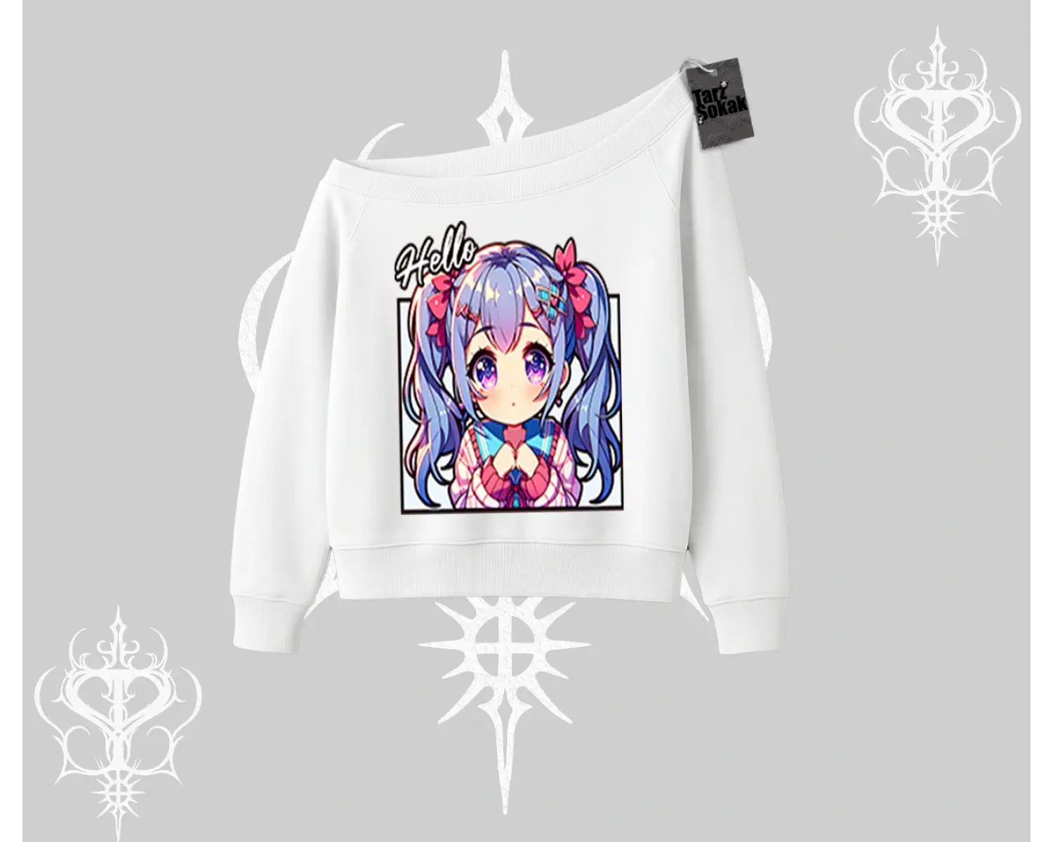 Kayık Yaka Sweatshirt Hello Anime Kız Sevimli Karakter Baskılı