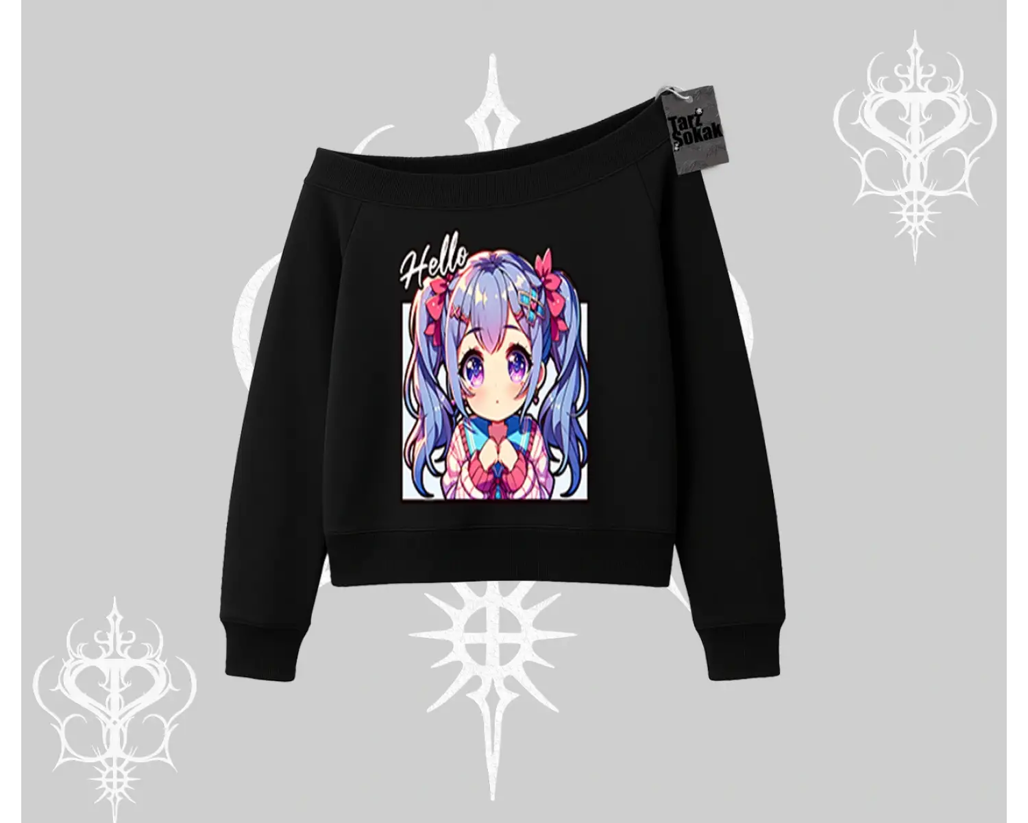 Kayık Yaka Sweatshirt Hello Anime Kız Sevimli Karakter Baskılı