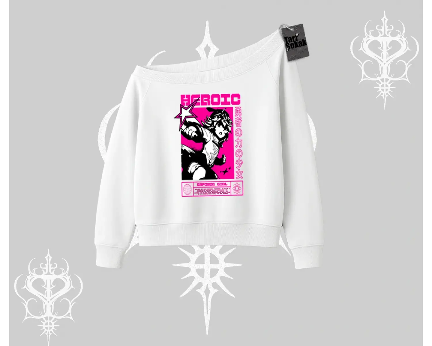 Kayık Yaka Sweatshirt Heroic Anime Girl Japon Stil Grafik Baskılı