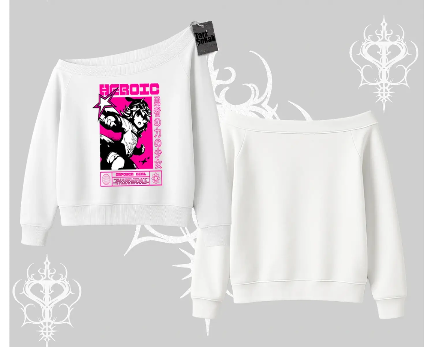 Kayık Yaka Sweatshirt Heroic Anime Girl Japon Stil Grafik Baskılı