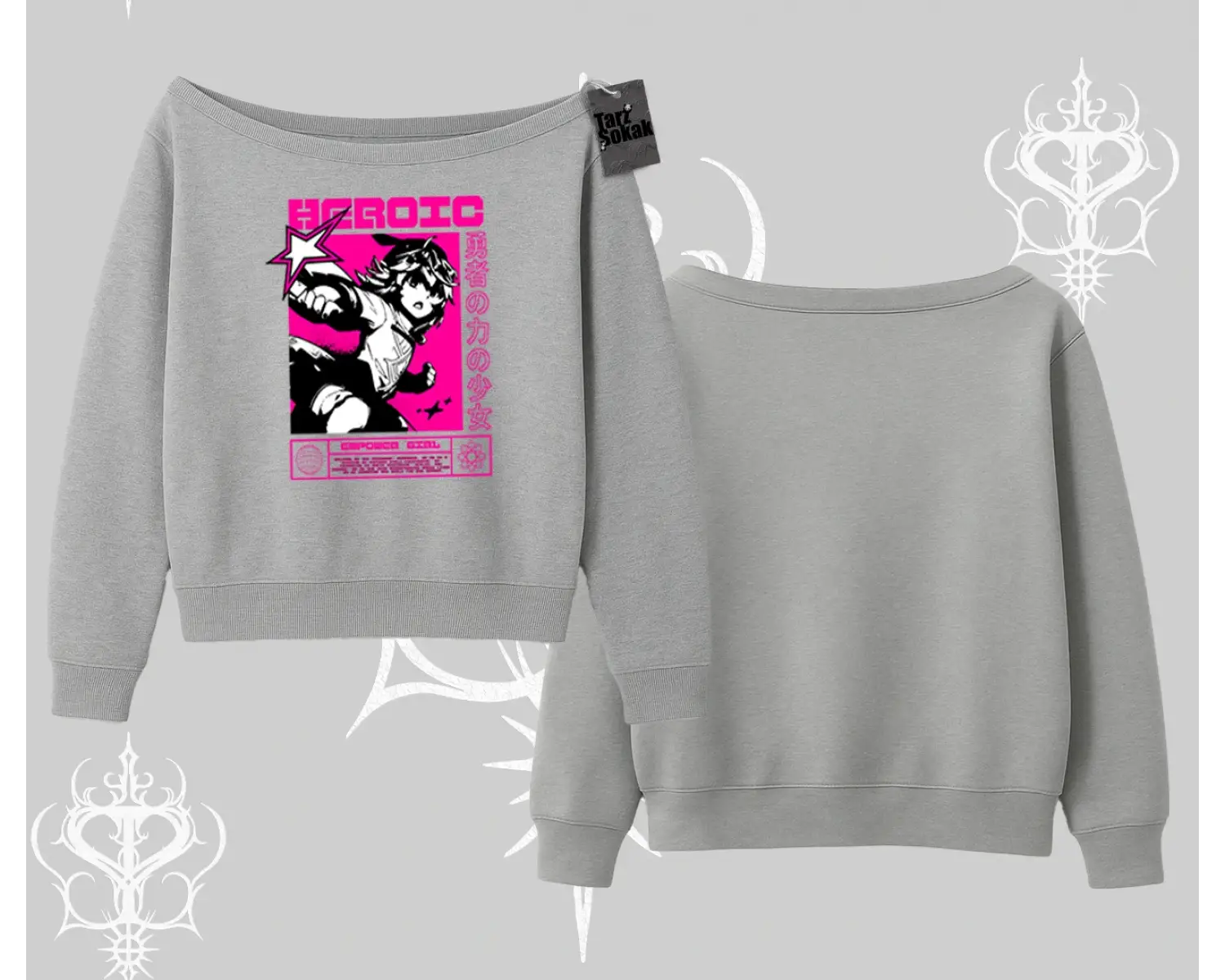 Kayık Yaka Sweatshirt Heroic Anime Girl Japon Stil Grafik Baskılı