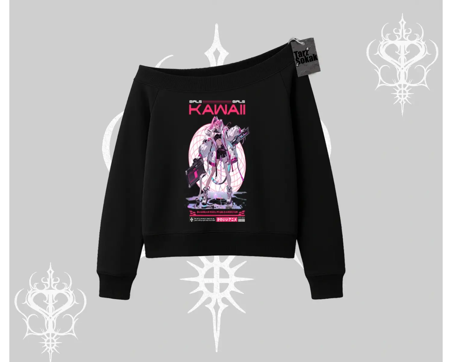 Kayık Yaka Sweatshirt Kawaii Cyberpunk Kız Japon Stil Baskı