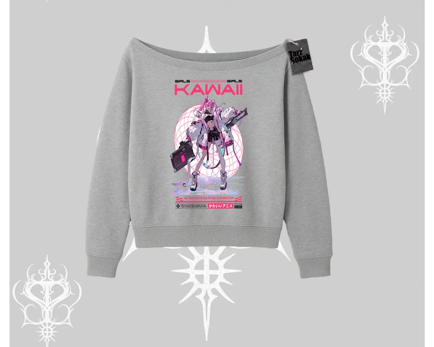 Kayık Yaka Sweatshirt Kawaii Cyberpunk Kız Japon Stil Baskı
