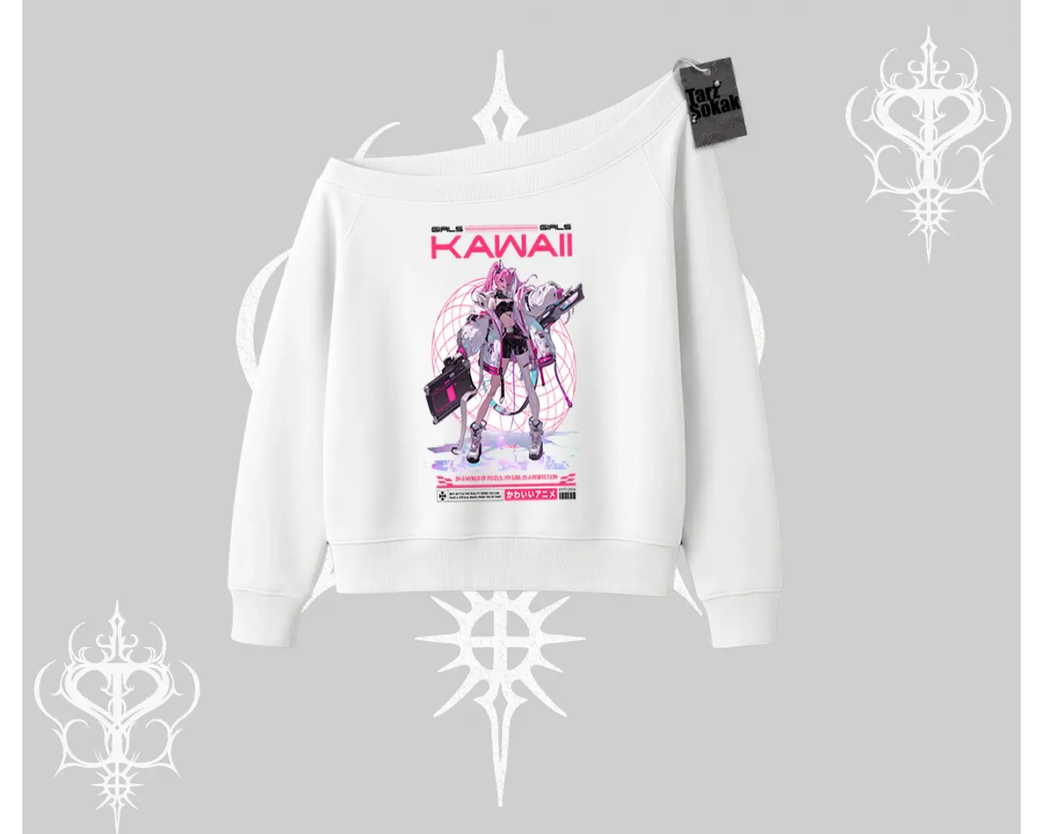 Kayık Yaka Sweatshirt Kawaii Cyberpunk Kız Japon Stil Baskı