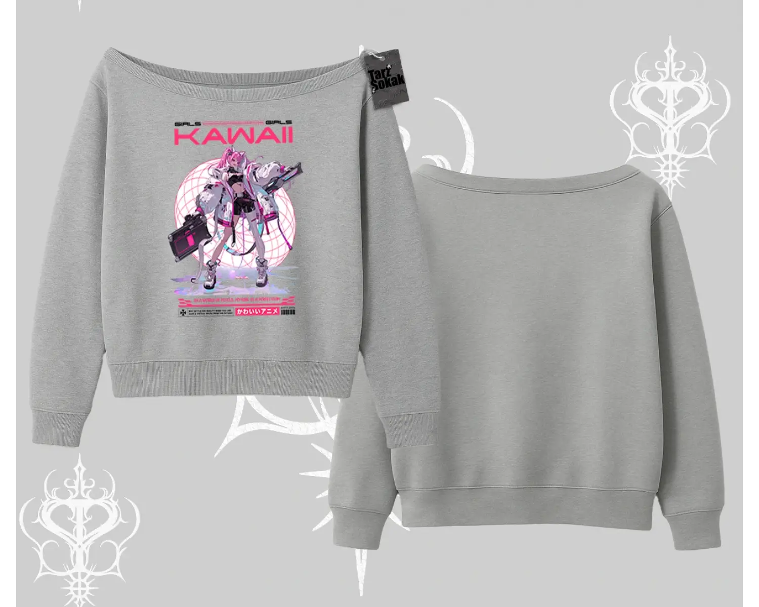 Kayık Yaka Sweatshirt Kawaii Cyberpunk Kız Japon Stil Baskı
