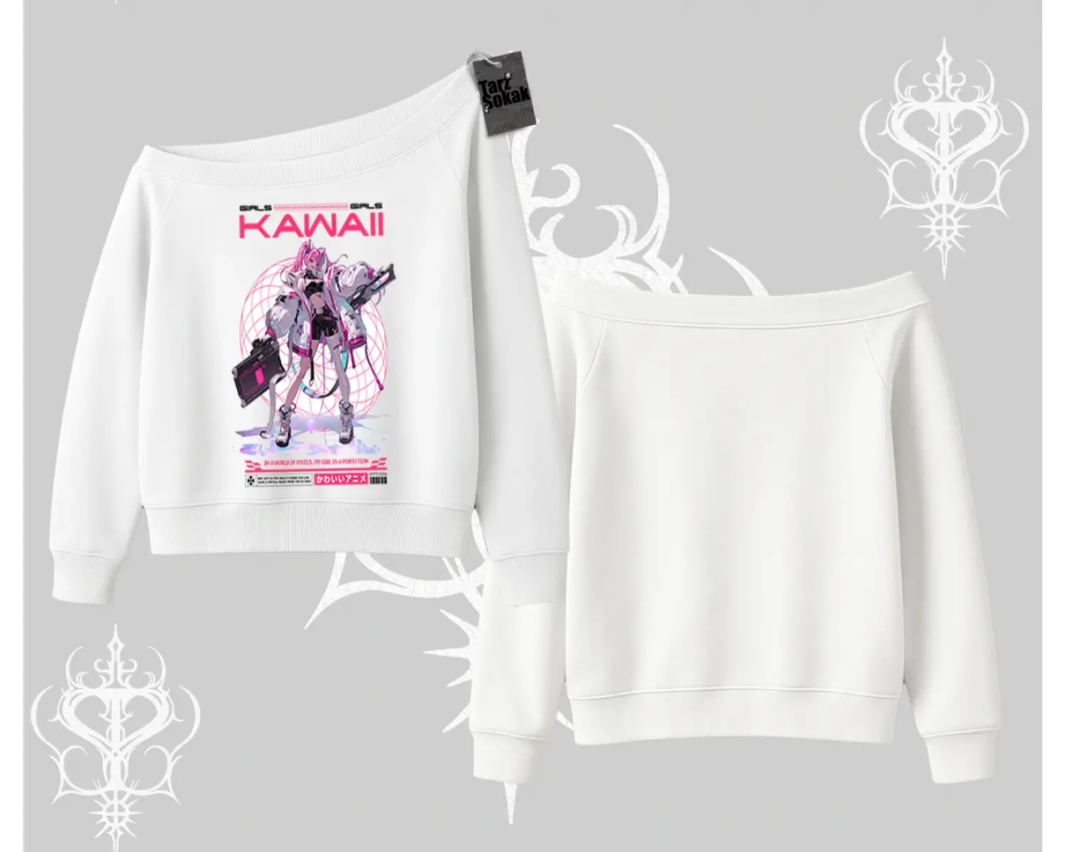 Kayık Yaka Sweatshirt Kawaii Cyberpunk Kız Japon Stil Baskı