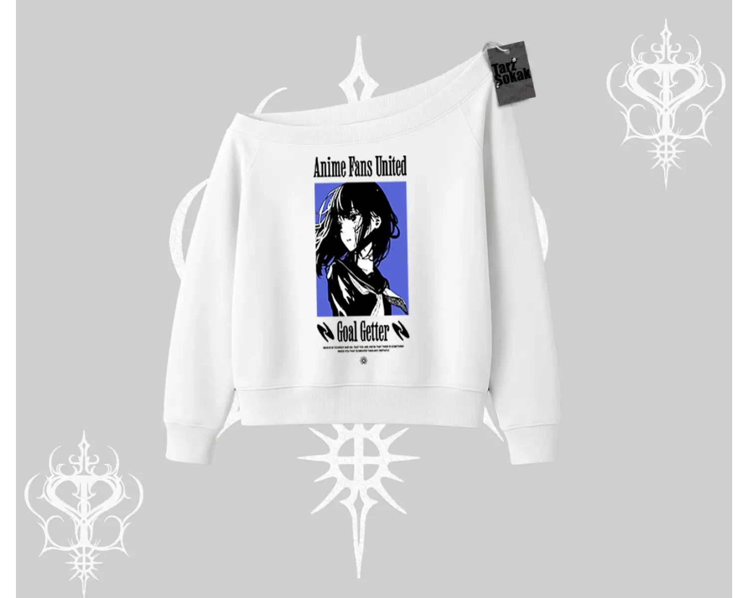 Kayık Yaka Sweatshirt Oversize Anime Kız Baskılı