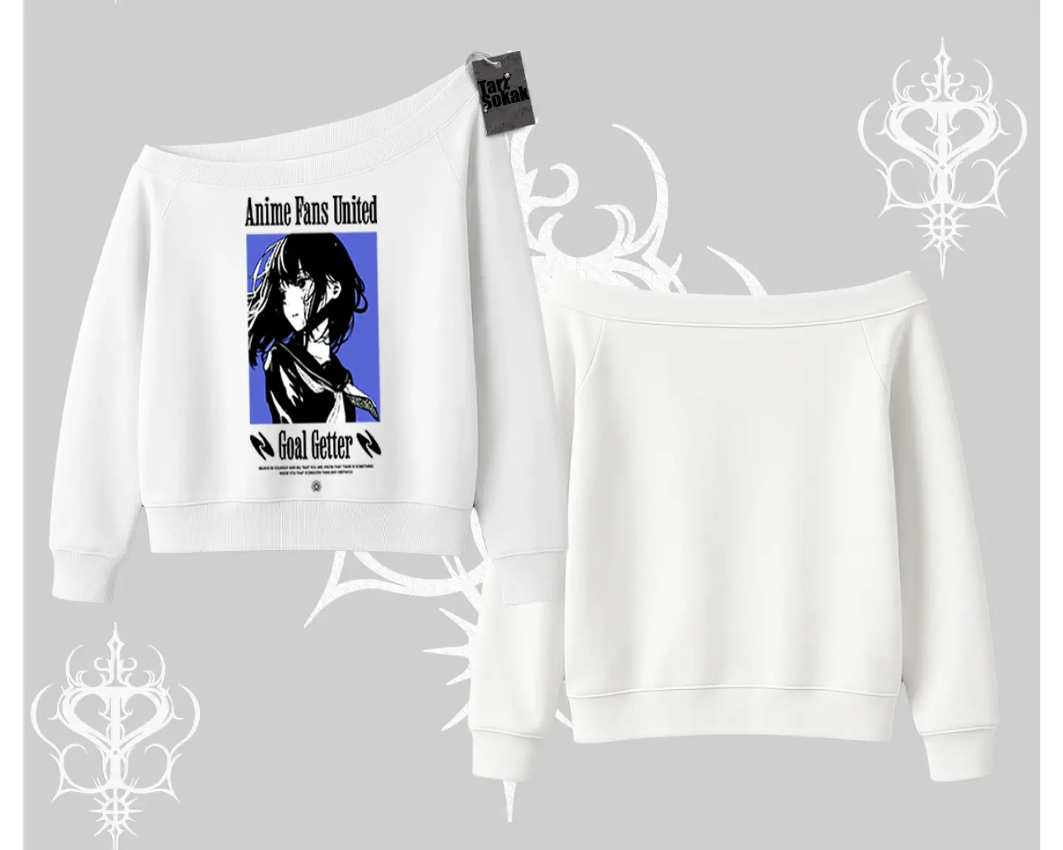 Kayık Yaka Sweatshirt Oversize Anime Kız Baskılı