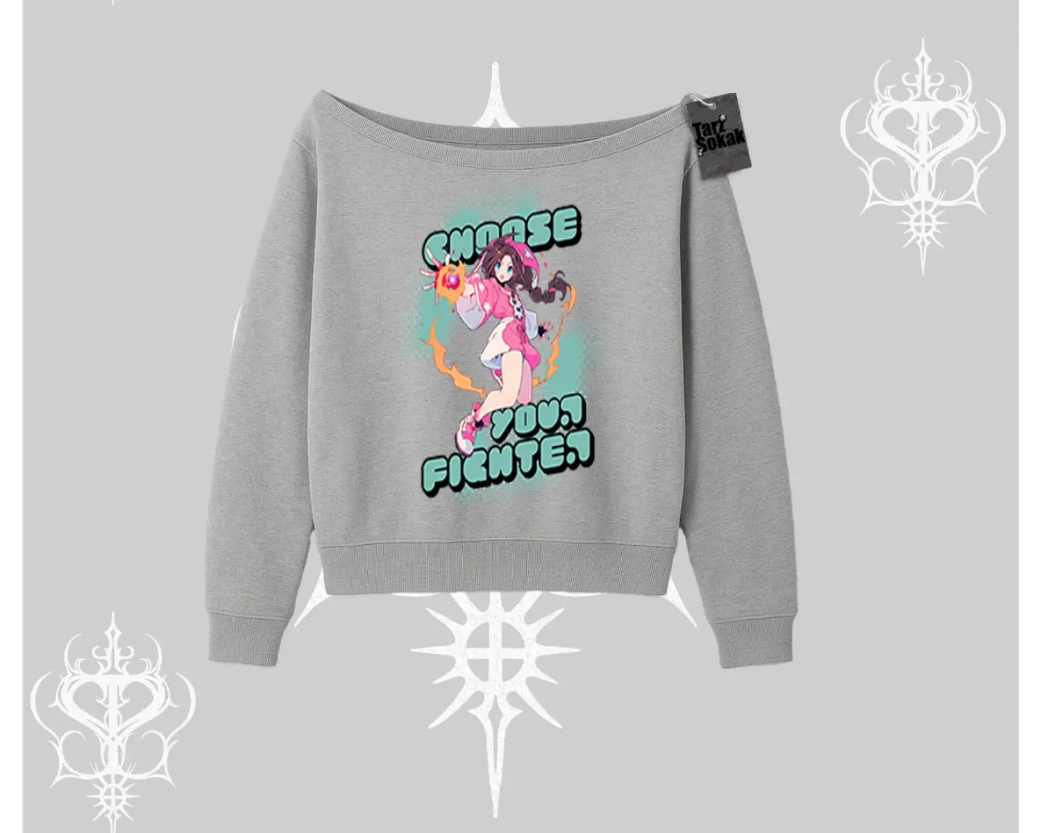 Kayık Yaka Sweatshirt Oversize  Anime Kız Desenli Japon Stil