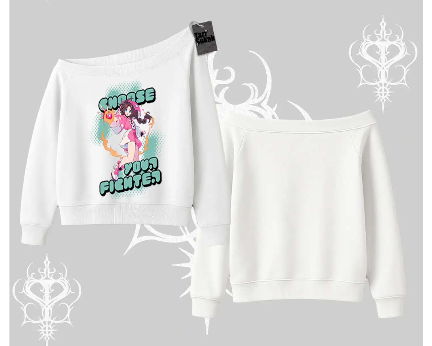Kayık Yaka Sweatshirt Oversize  Anime Kız Desenli Japon Stil