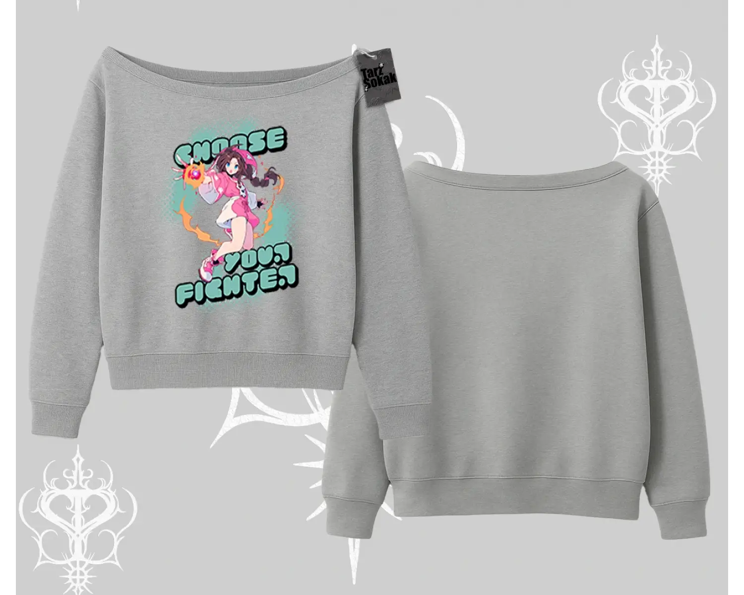 Kayık Yaka Sweatshirt Oversize  Anime Kız Desenli Japon Stil