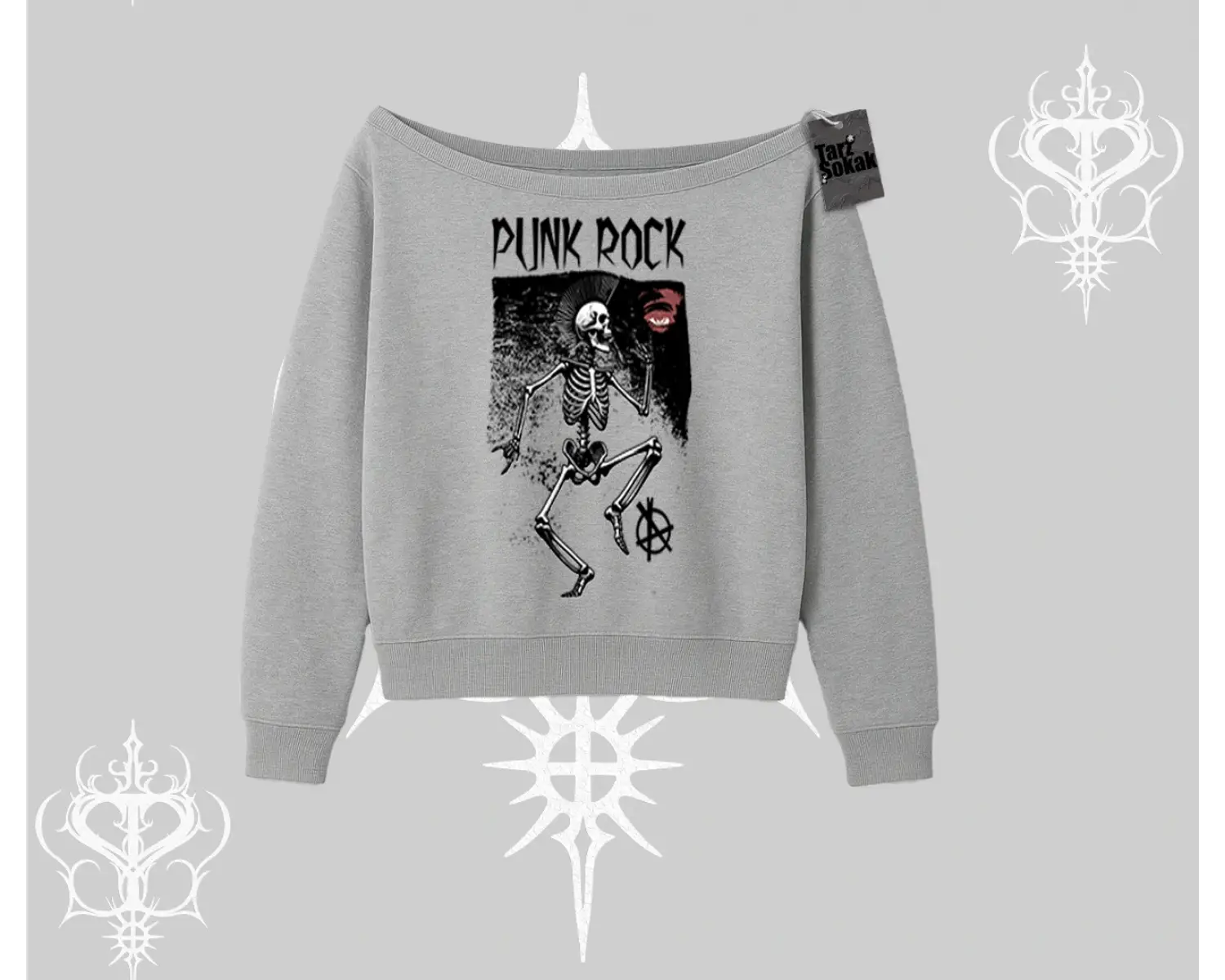 Kayık Yaka Sweatshirt Punk Rock Chaos Skeleton Riot