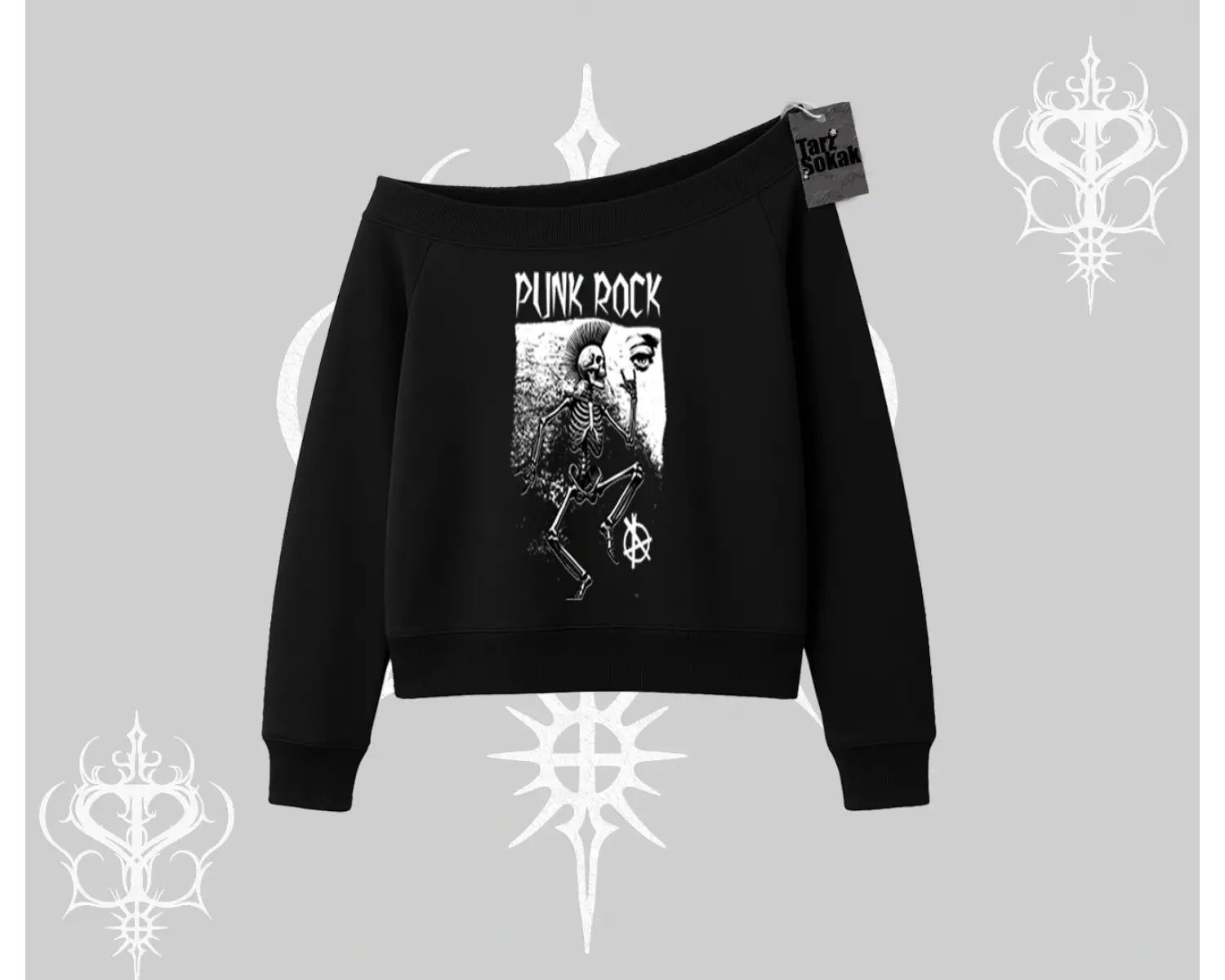 Kayık Yaka Sweatshirt Punk Rock Chaos Skeleton Riot