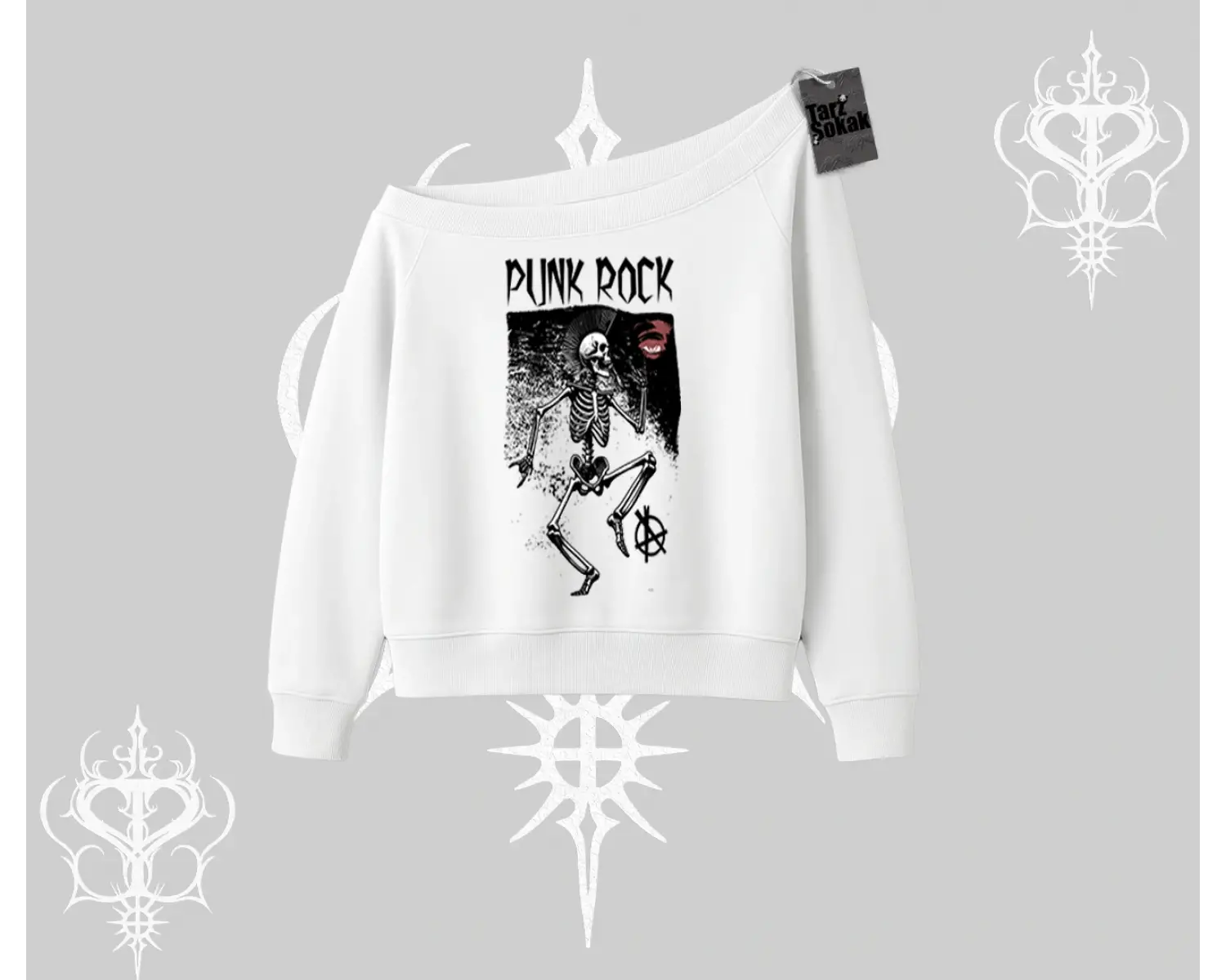 Kayık Yaka Sweatshirt Punk Rock Chaos Skeleton Riot