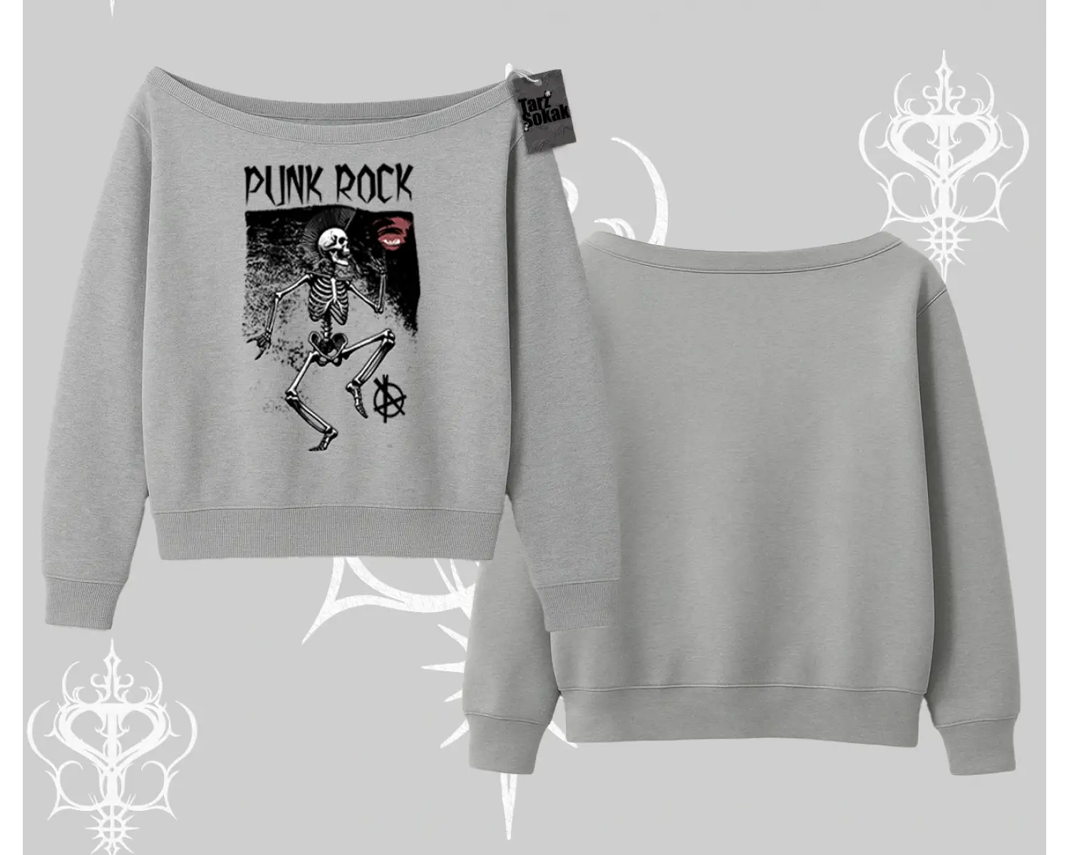 Kayık Yaka Sweatshirt Punk Rock Chaos Skeleton Riot