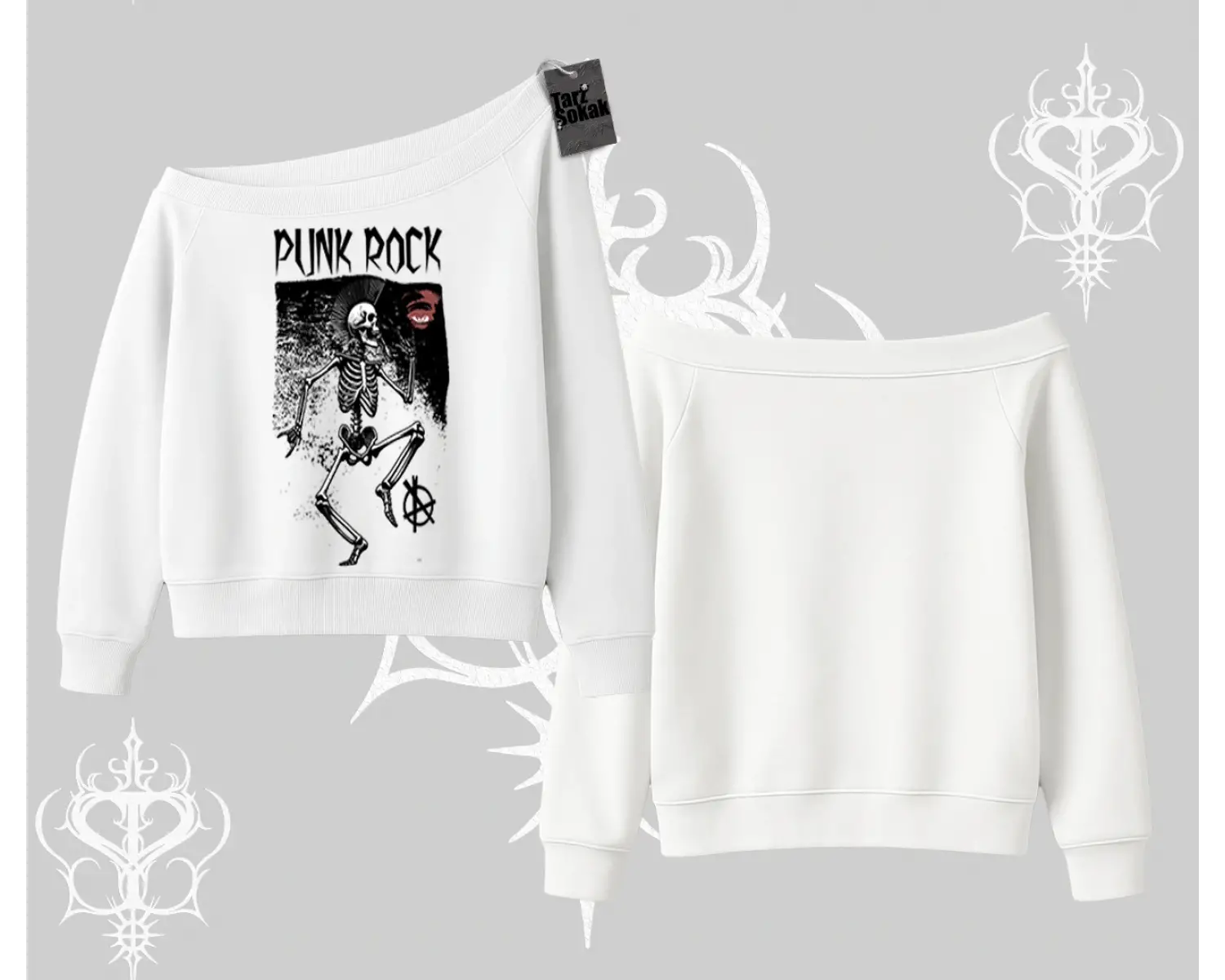 Kayık Yaka Sweatshirt Punk Rock Chaos Skeleton Riot