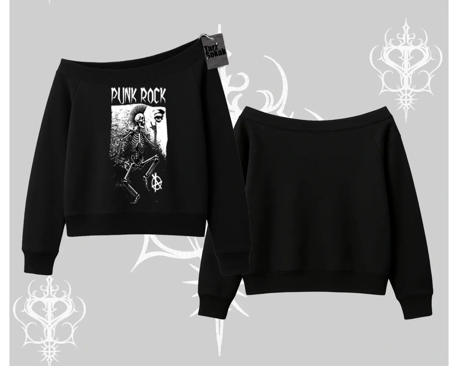 Kayık Yaka Sweatshirt Punk Rock Chaos Skeleton Riot