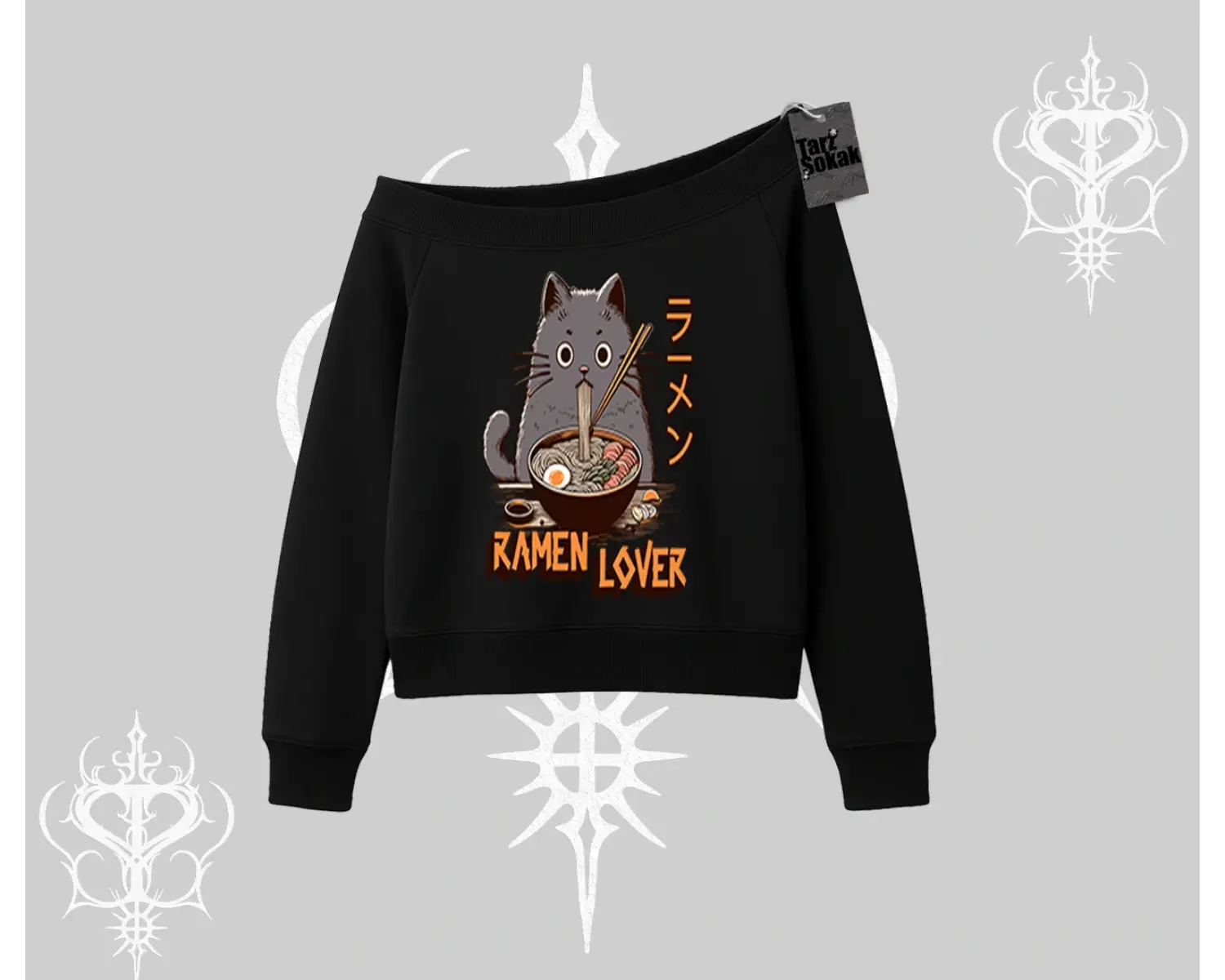 Kayık Yaka Sweatshirt Ramen Lover Kedi Anime Baskılı