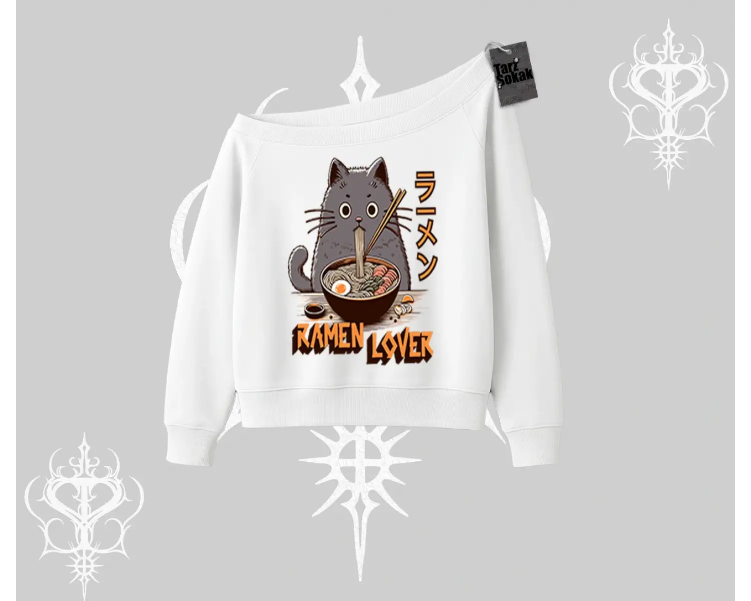 Kayık Yaka Sweatshirt Ramen Lover Kedi Anime Baskılı