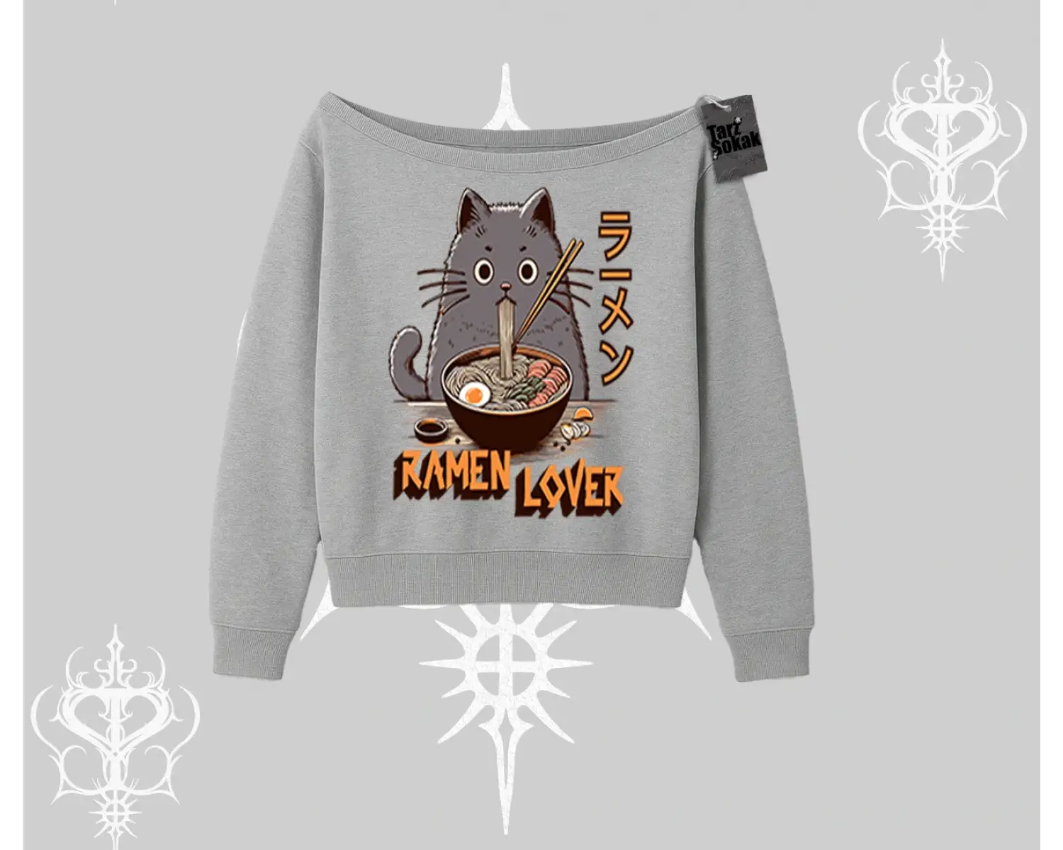 Kayık Yaka Sweatshirt Ramen Lover Kedi Anime Baskılı