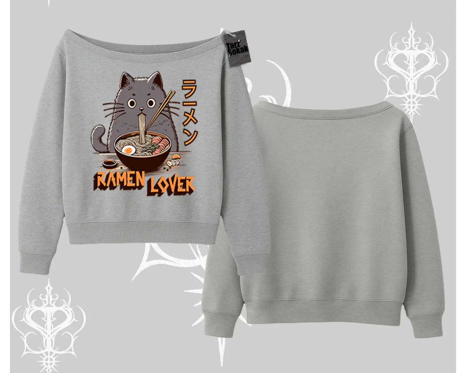 Kayık Yaka Sweatshirt Ramen Lover Kedi Anime Baskılı