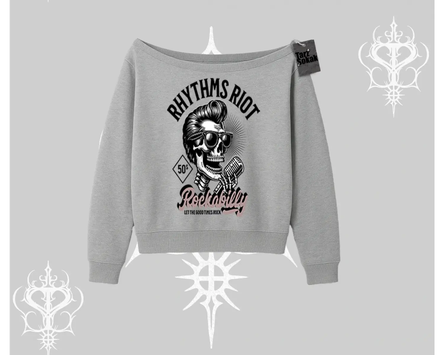 Kayık Yaka Sweatshirt Rhythms Riot Vintage Rockabilly Skull Street Aesthetic