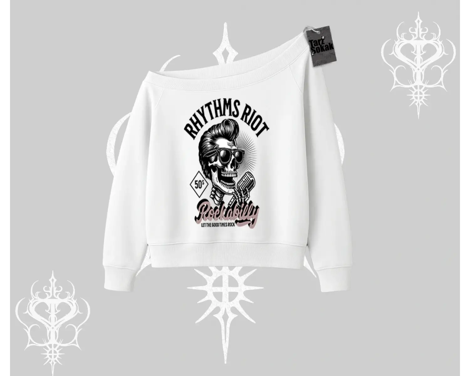 Kayık Yaka Sweatshirt Rhythms Riot Vintage Rockabilly Skull Street Aesthetic