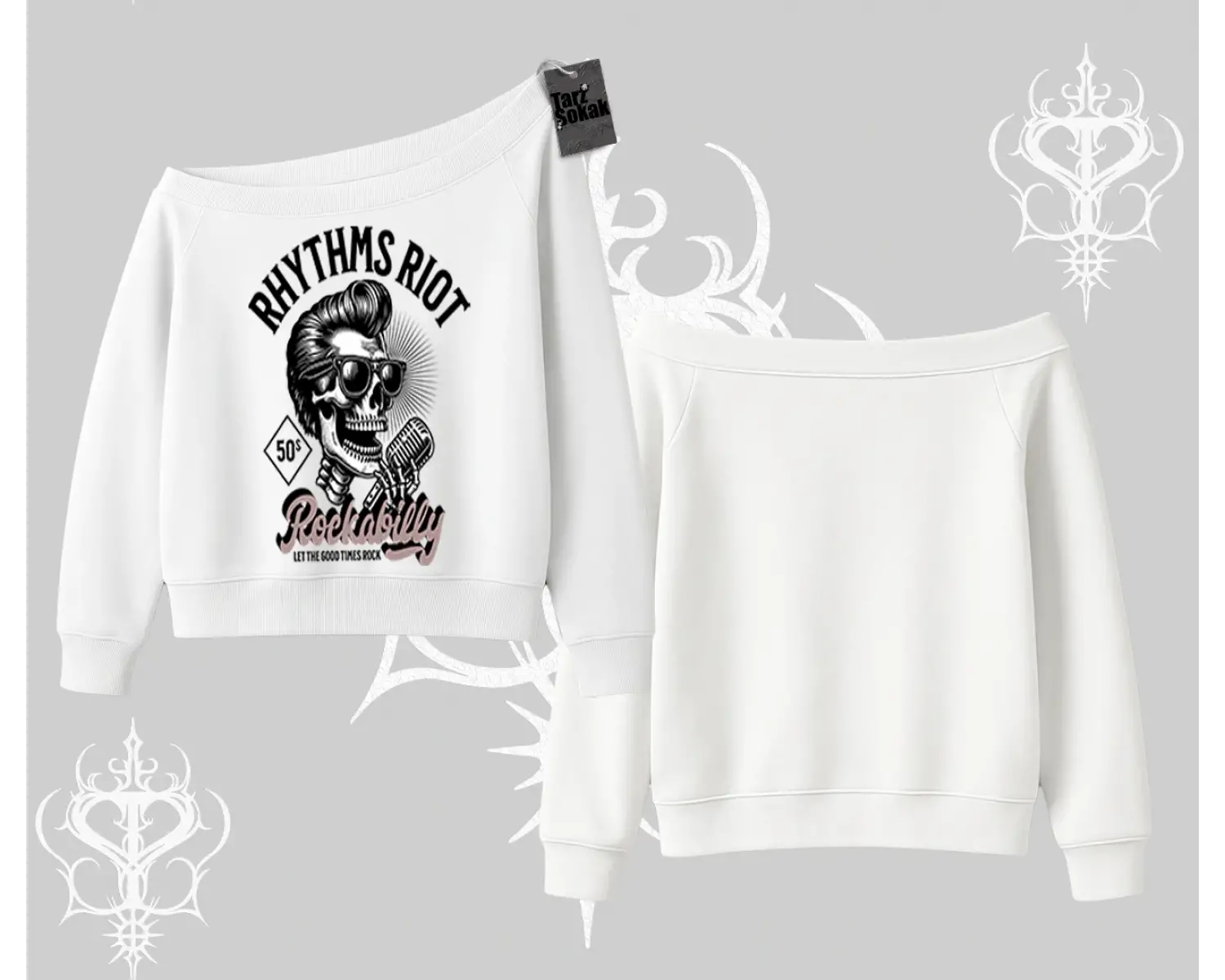 Kayık Yaka Sweatshirt Rhythms Riot Vintage Rockabilly Skull Street Aesthetic