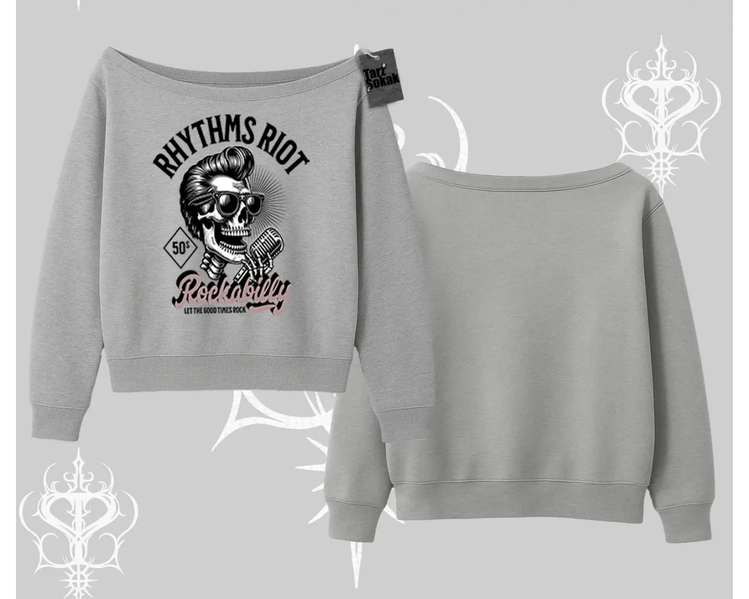 Kayık Yaka Sweatshirt Rhythms Riot Vintage Rockabilly Skull Street Aesthetic