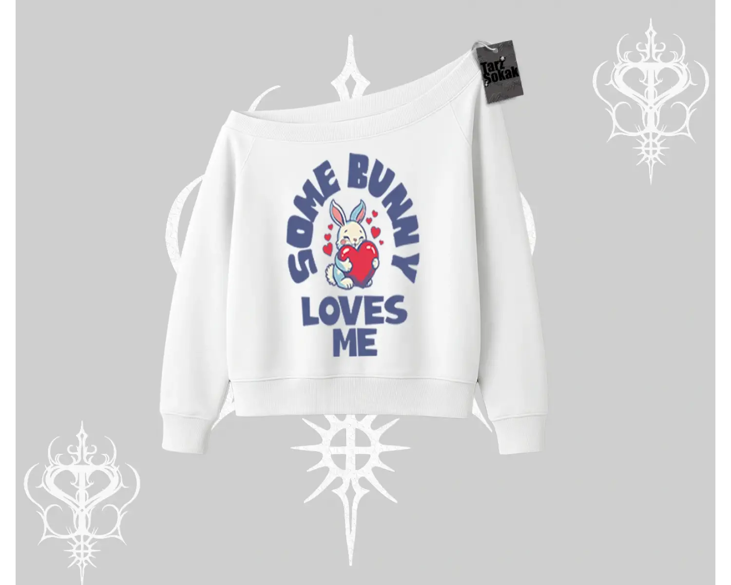 Kayık Yaka Sweatshirt Sevimli Tavşan Some Bunny Loves Me Baskılı