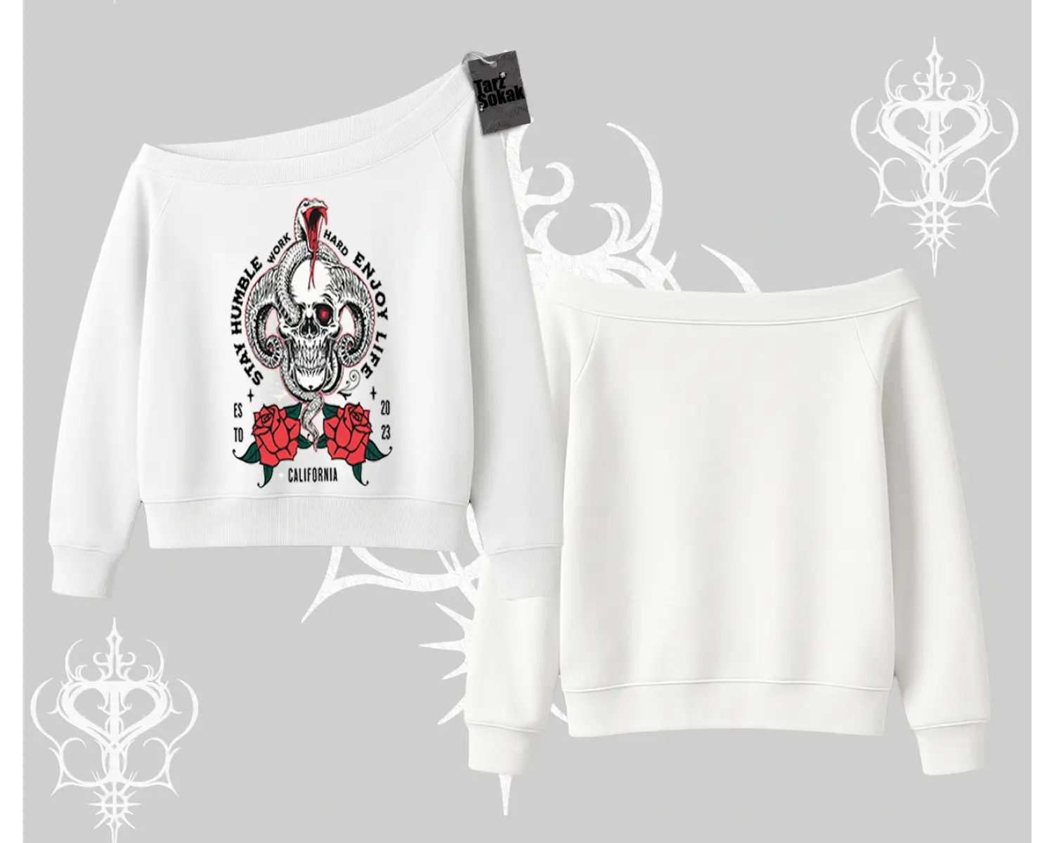 Kayık Yaka Sweatshirt Stay Humble Work Hard Enjoy Life