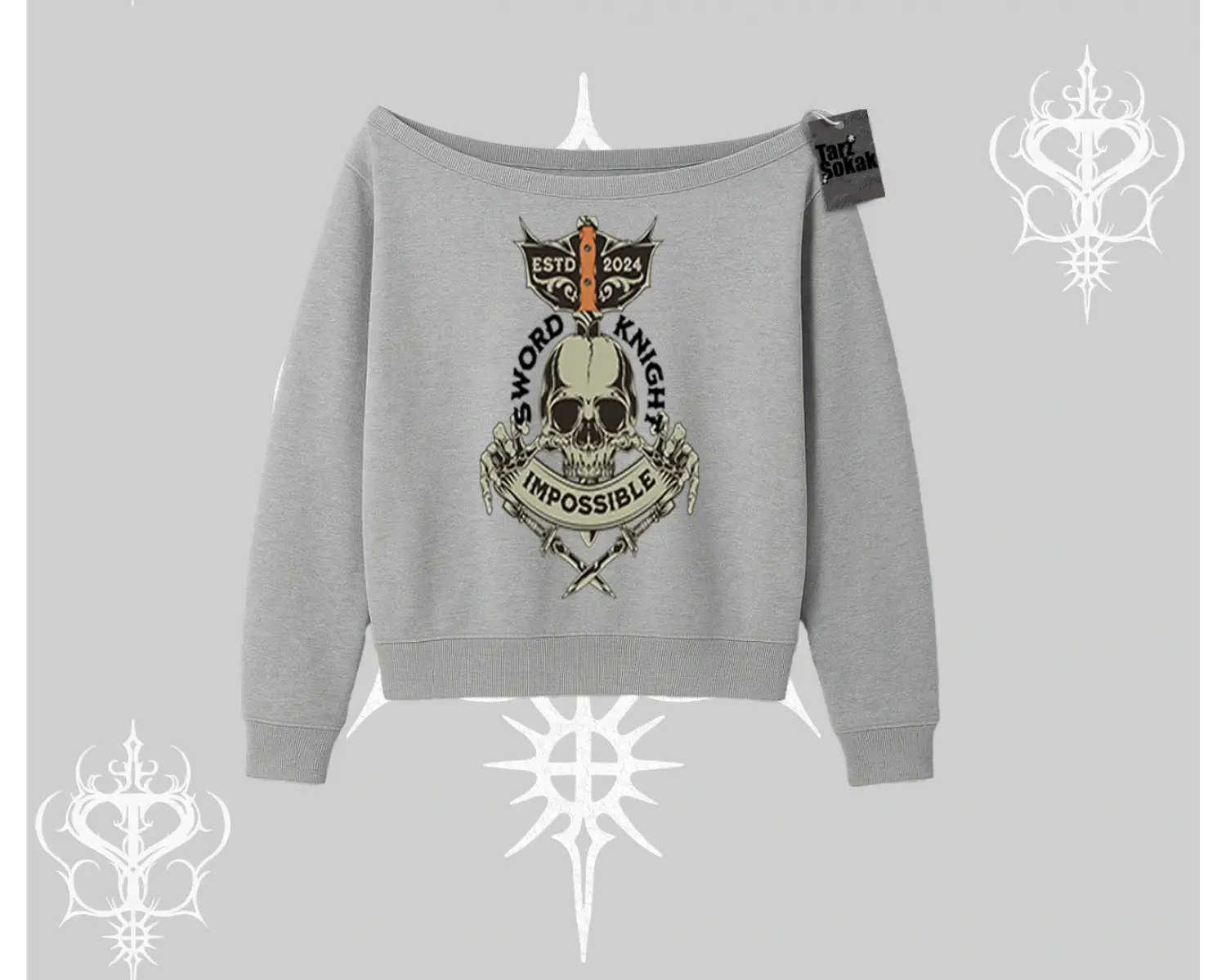 Kayık Yaka Sweatshirt Sword Knight Skull Impossible Street Creed