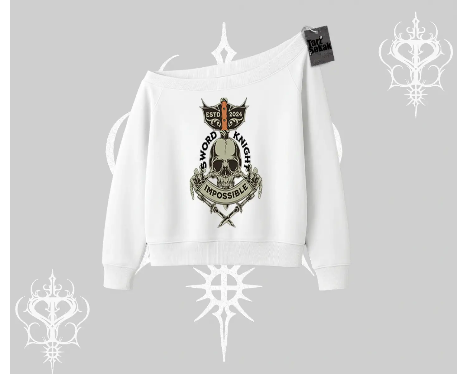 Kayık Yaka Sweatshirt Sword Knight Skull Impossible Street Creed