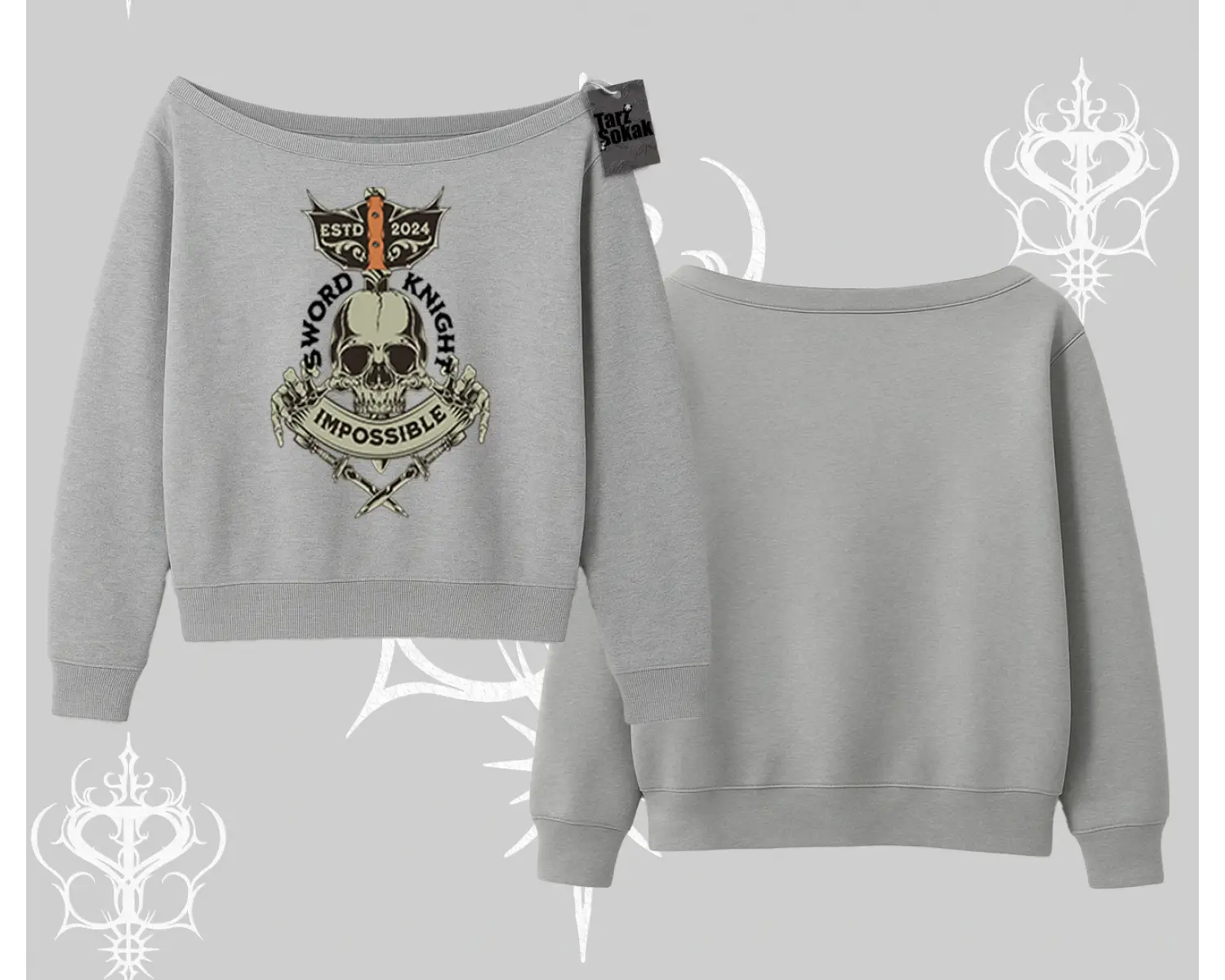 Kayık Yaka Sweatshirt Sword Knight Skull Impossible Street Creed