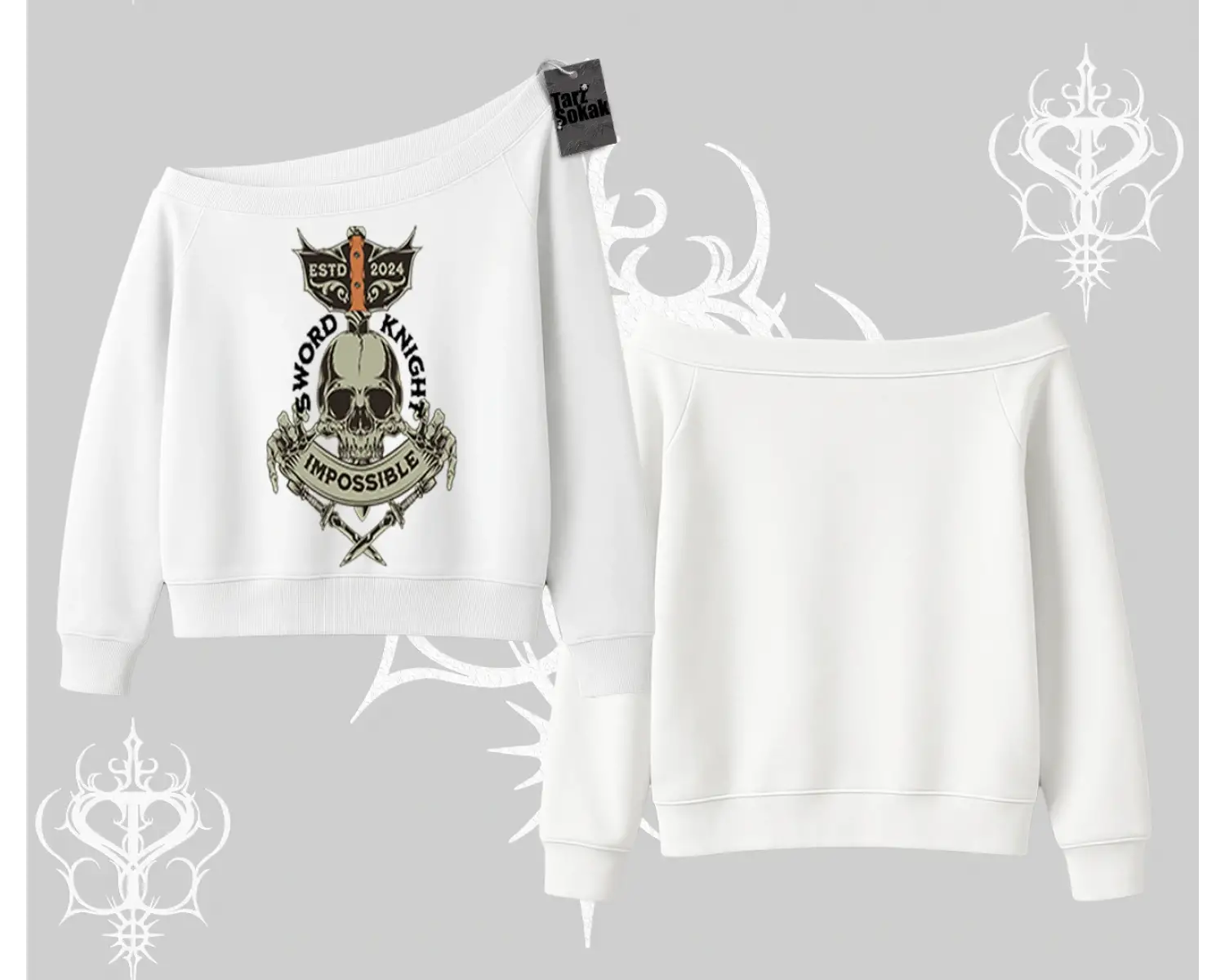 Kayık Yaka Sweatshirt Sword Knight Skull Impossible Street Creed