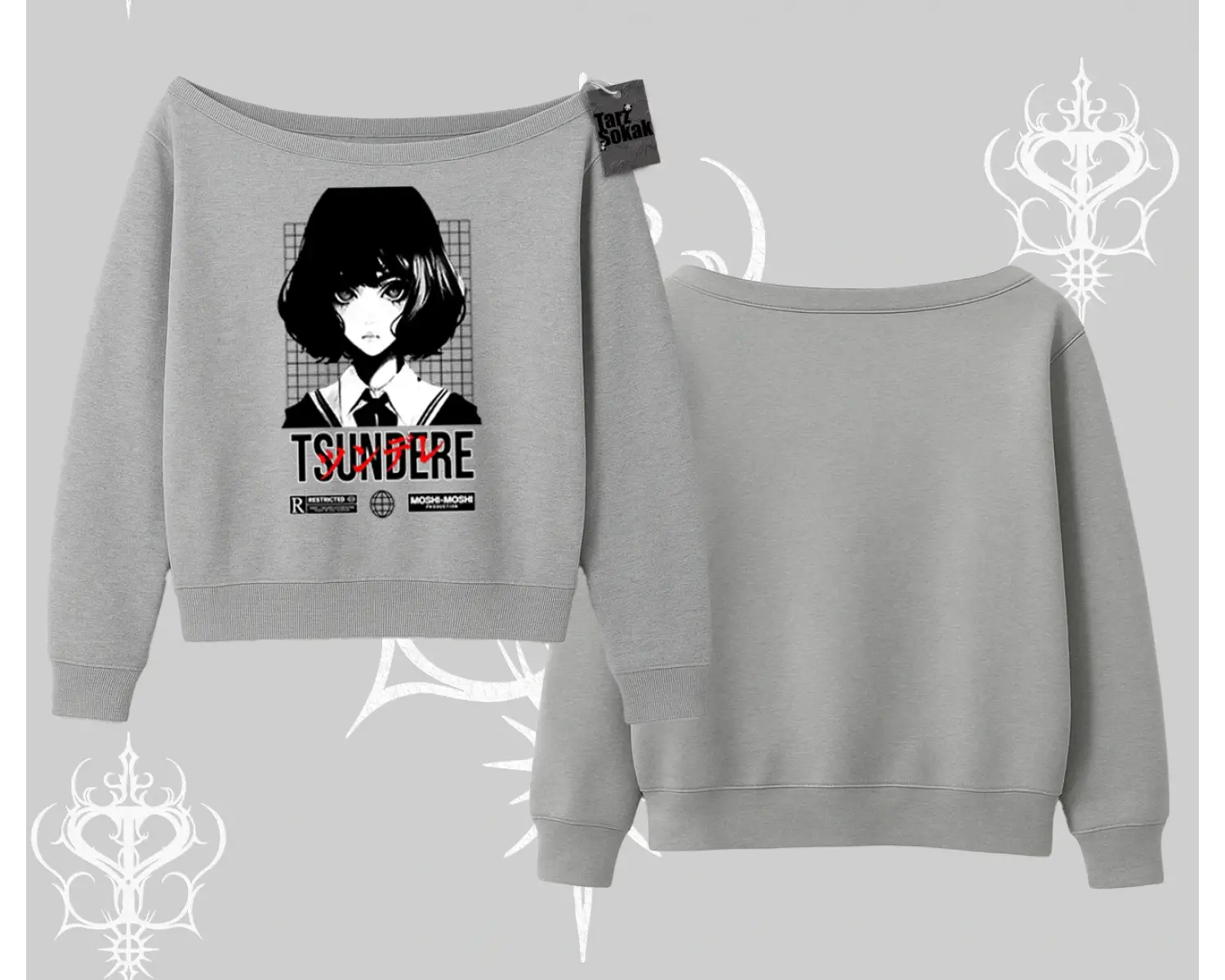 Kayık Yaka Sweatshirt Tsundere Anime Japanese Style Baskılı