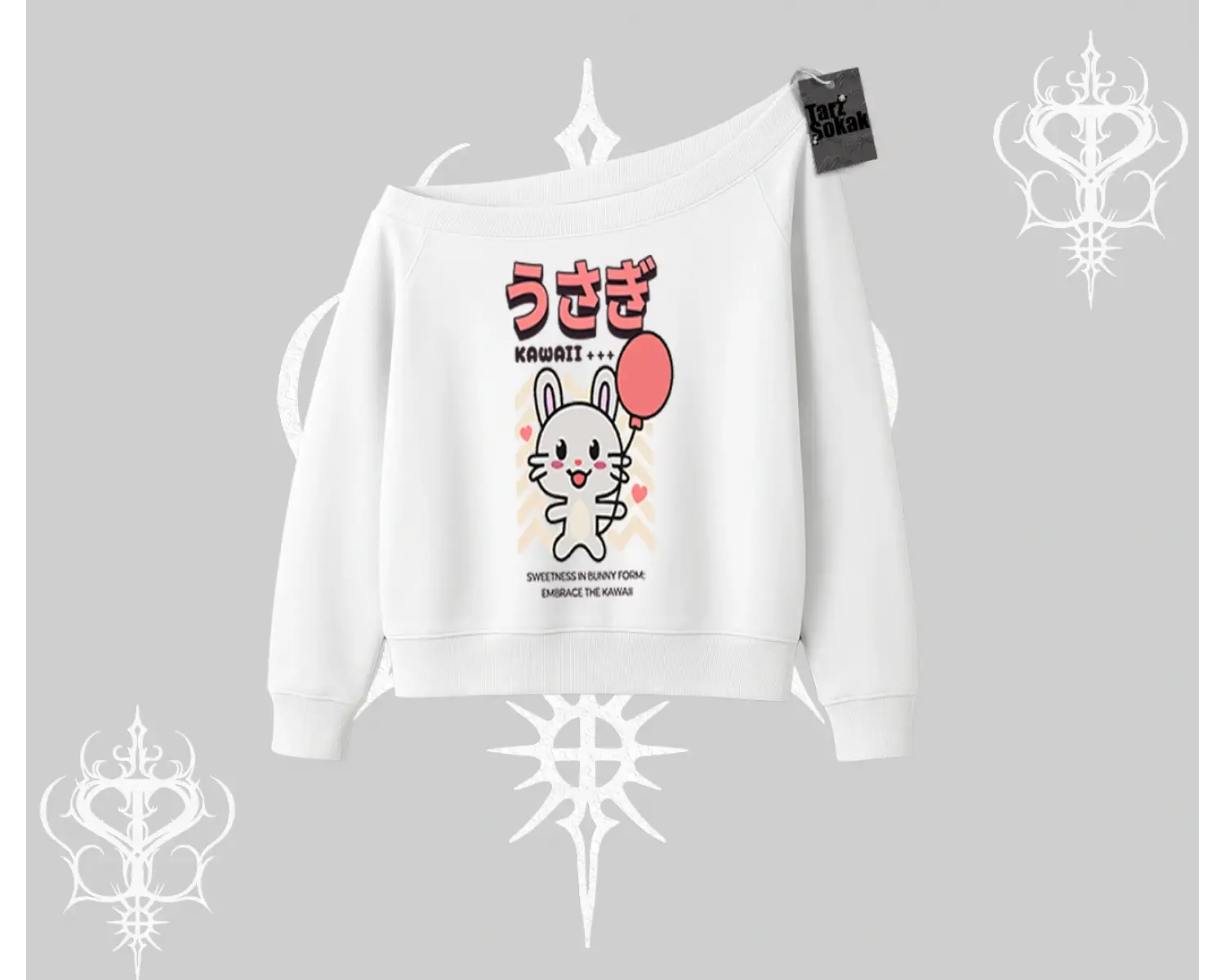 Kayık Yaka Sweatshirt Usagi Kawaii Cute Heart Energy