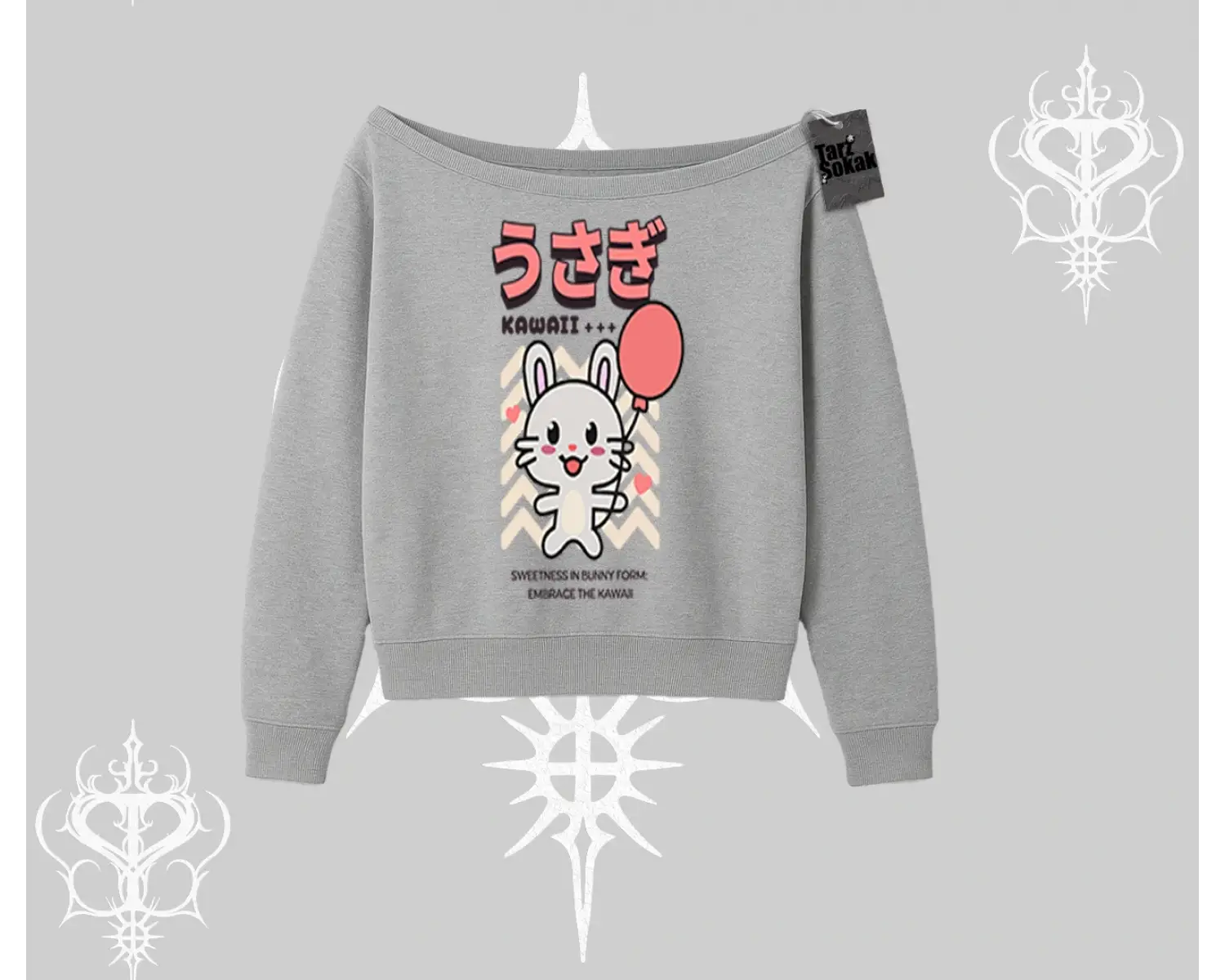 Kayık Yaka Sweatshirt Usagi Kawaii Cute Heart Energy