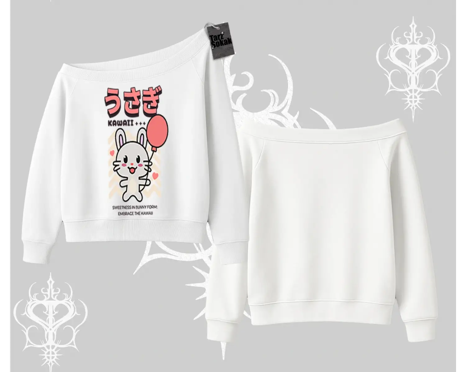 Kayık Yaka Sweatshirt Usagi Kawaii Cute Heart Energy