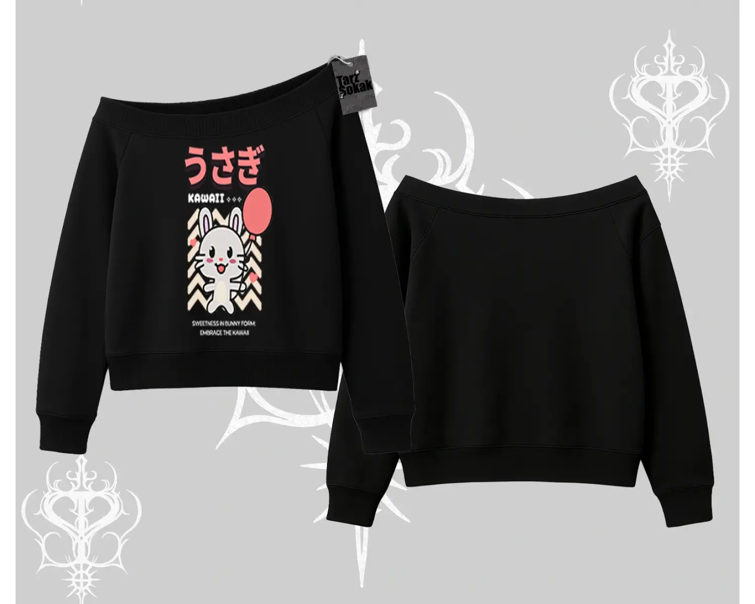 Kayık Yaka Sweatshirt Usagi Kawaii Cute Heart Energy