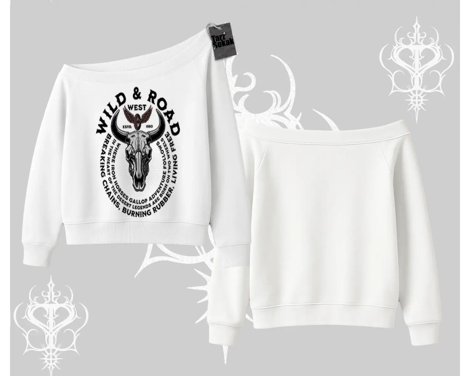 Kayık Yaka Sweatshirt Wild & Road Western Skull Biker Street Culture