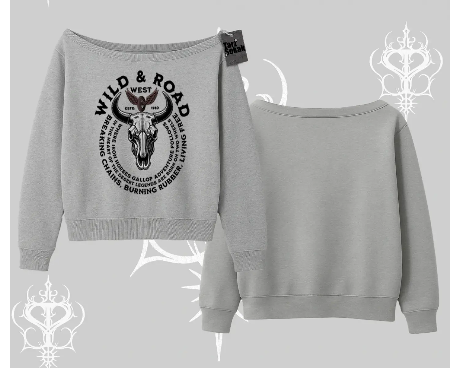 Kayık Yaka Sweatshirt Wild & Road Western Skull Biker Street Culture
