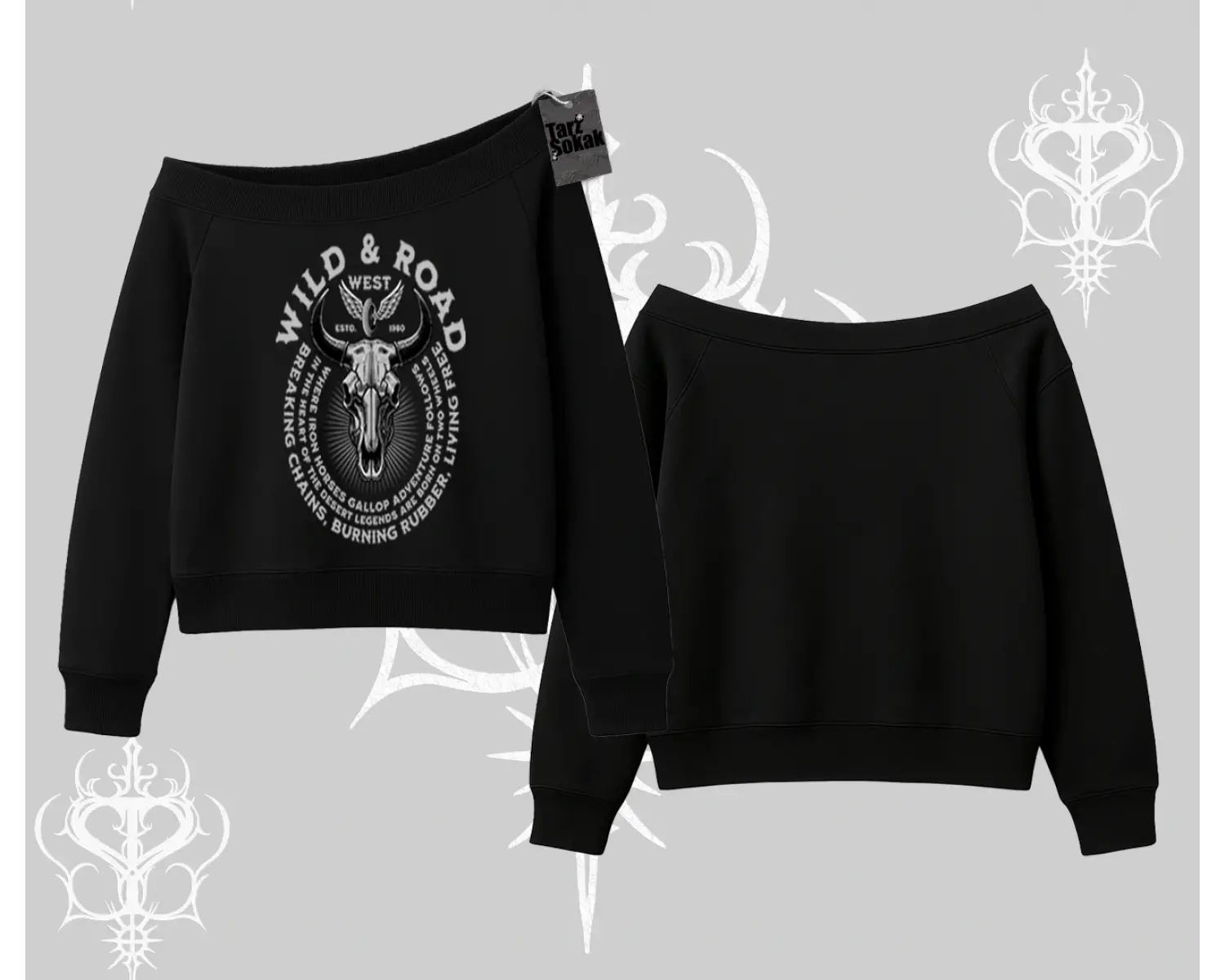 Kayık Yaka Sweatshirt Wild & Road Western Skull Biker Street Culture